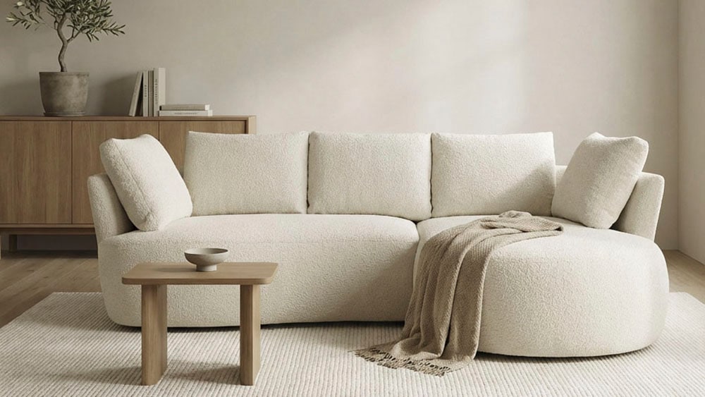 DOMO collection Canapé d'angle »Lumin, B/T: 267/170 cm, abgerunde Form, charmantes Design, cozy chic« Équipé de ressorts ensachés et de 5 coussins dorsaux