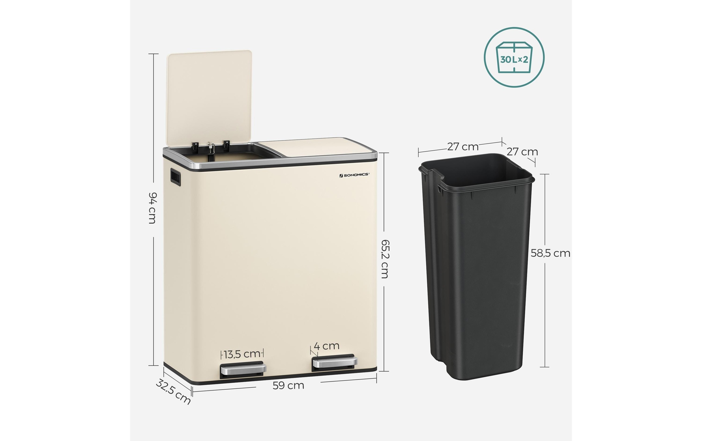 SONGMICS Mülleimer »60 l«, 2 Behälter