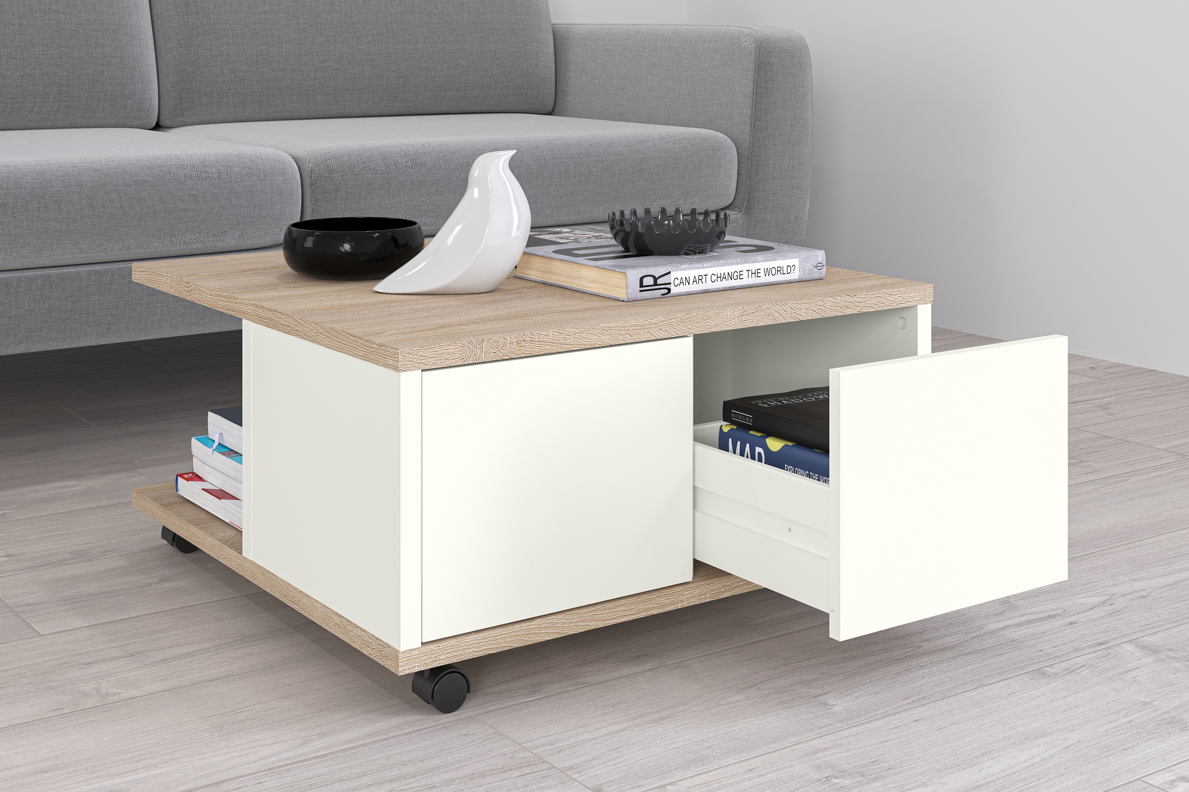Image of FMD Couchtisch "Twin" Schubladen als Push-to-open, viel Staur., mit Rollen, Breite: 70 cm