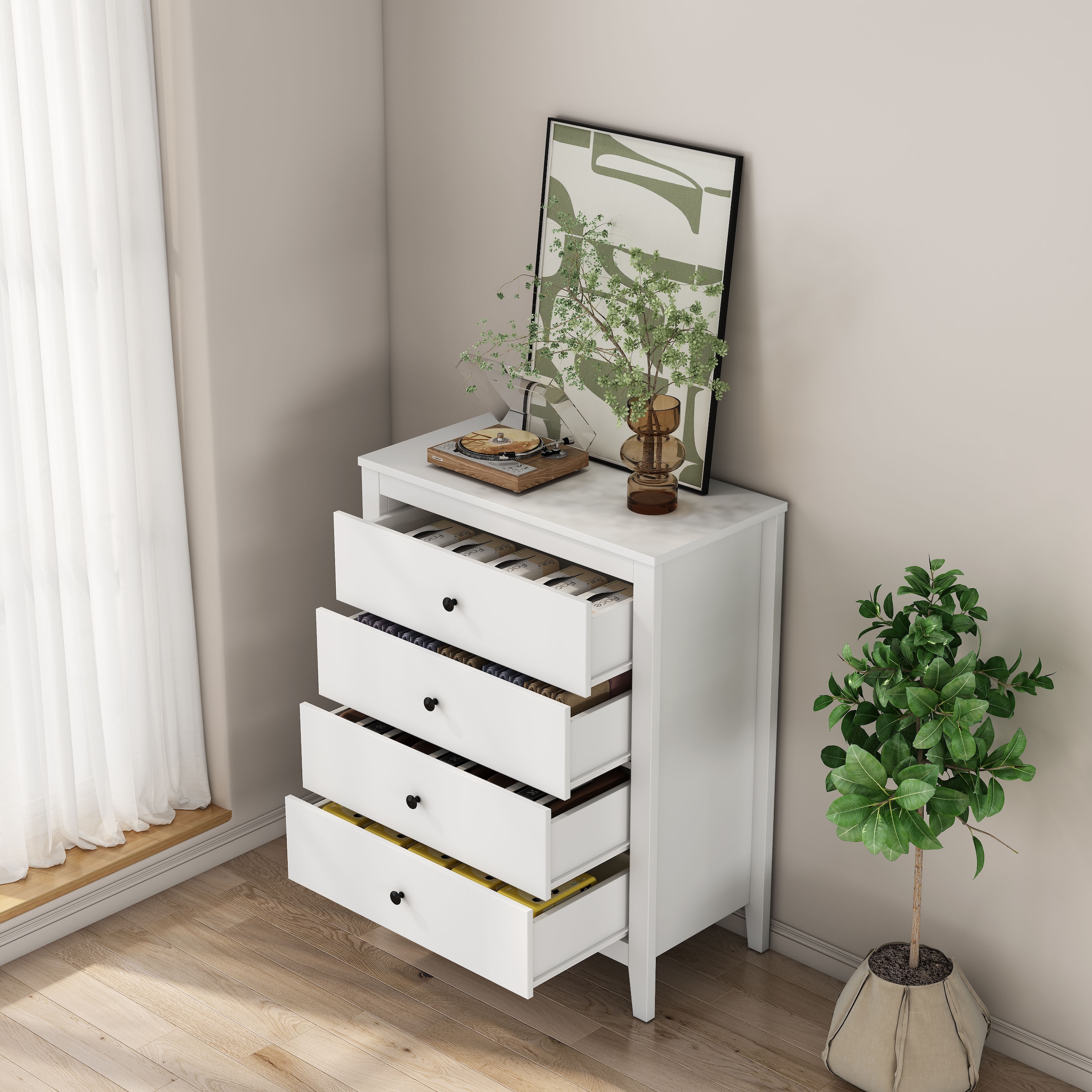 GOODproduct Commode à tiroirs »Borkum Sideboard mit 4 Schubladen Bestseller Landhaus weiss« hochwertige schwarze Griffe aus Metall, 