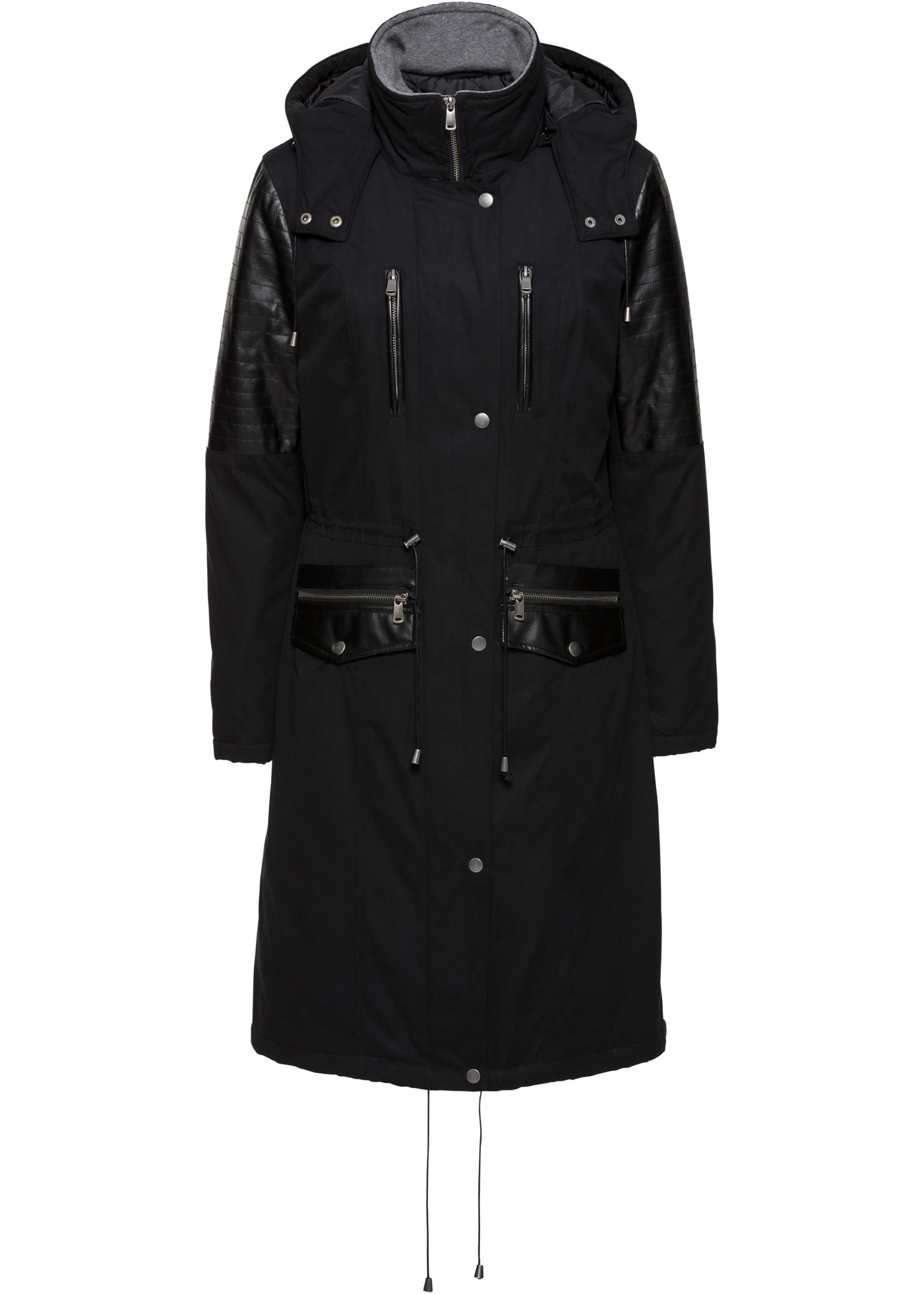 bonprix Langjacke mit Kapuze Long-Parka mit Lederimitateinsatz