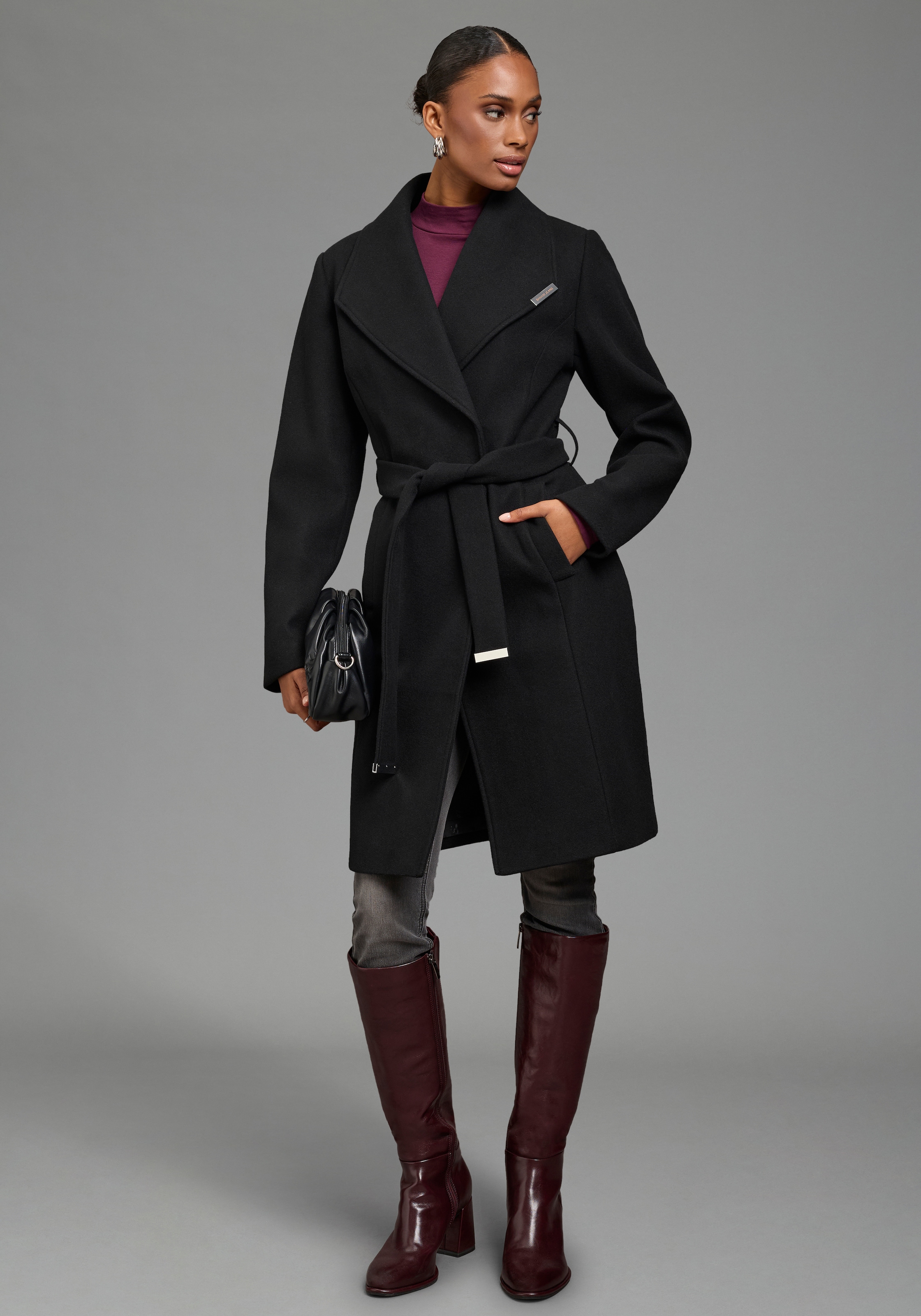 Image of Bruno Banani Wollmantel "mit Gürtel und Reverskragen" unsichtbare Knöpfe, Futter mit Markenbranding