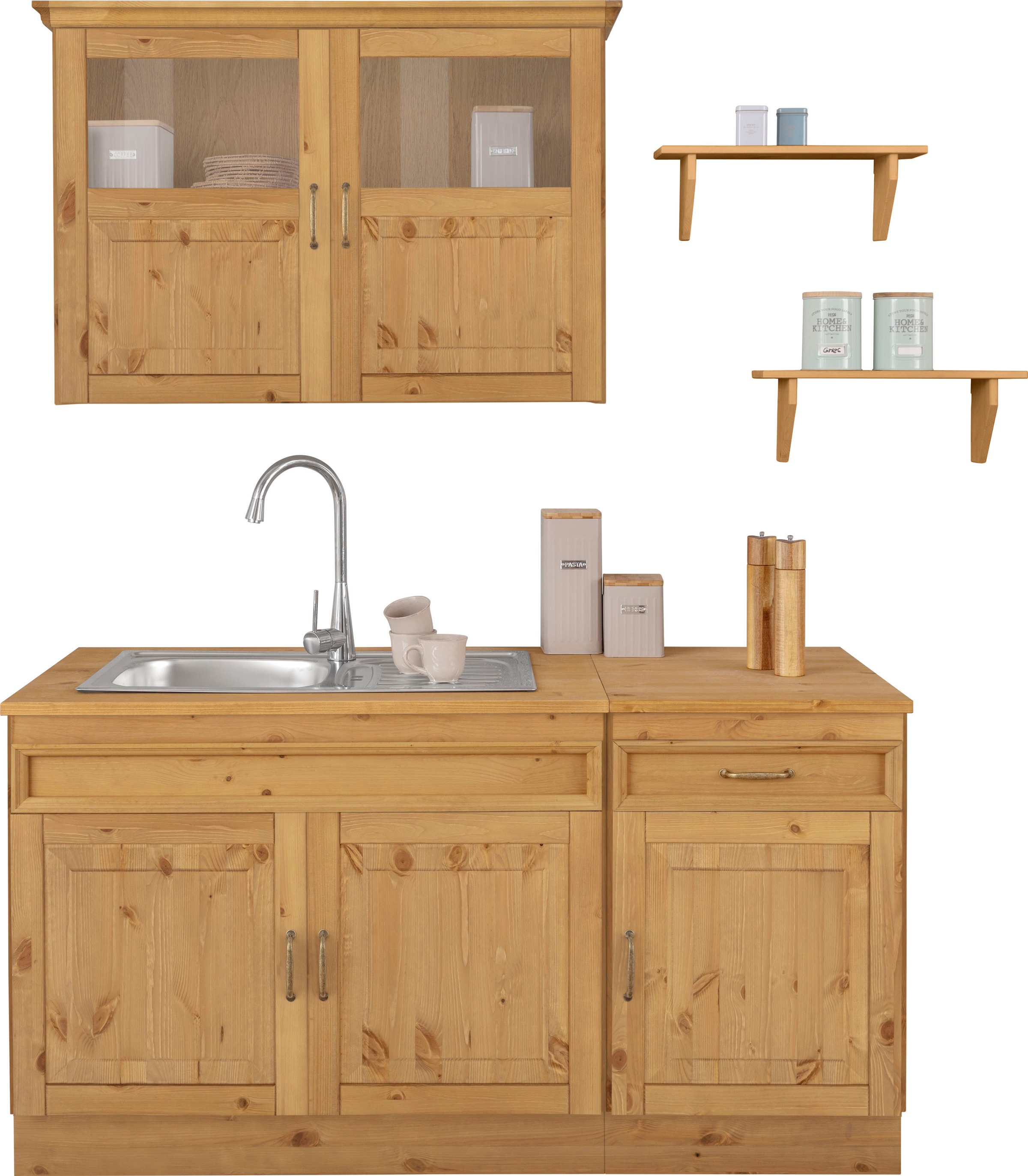 Image of Home affaire Küchen-Set »Fanö«, (5 St.), ohne E-Geräte, Breite 150 cm, aus massiver Kiefer, 23 mm starke Arbeitsplatte, mit Metallgriffen bei Ackermann Versand Schweiz