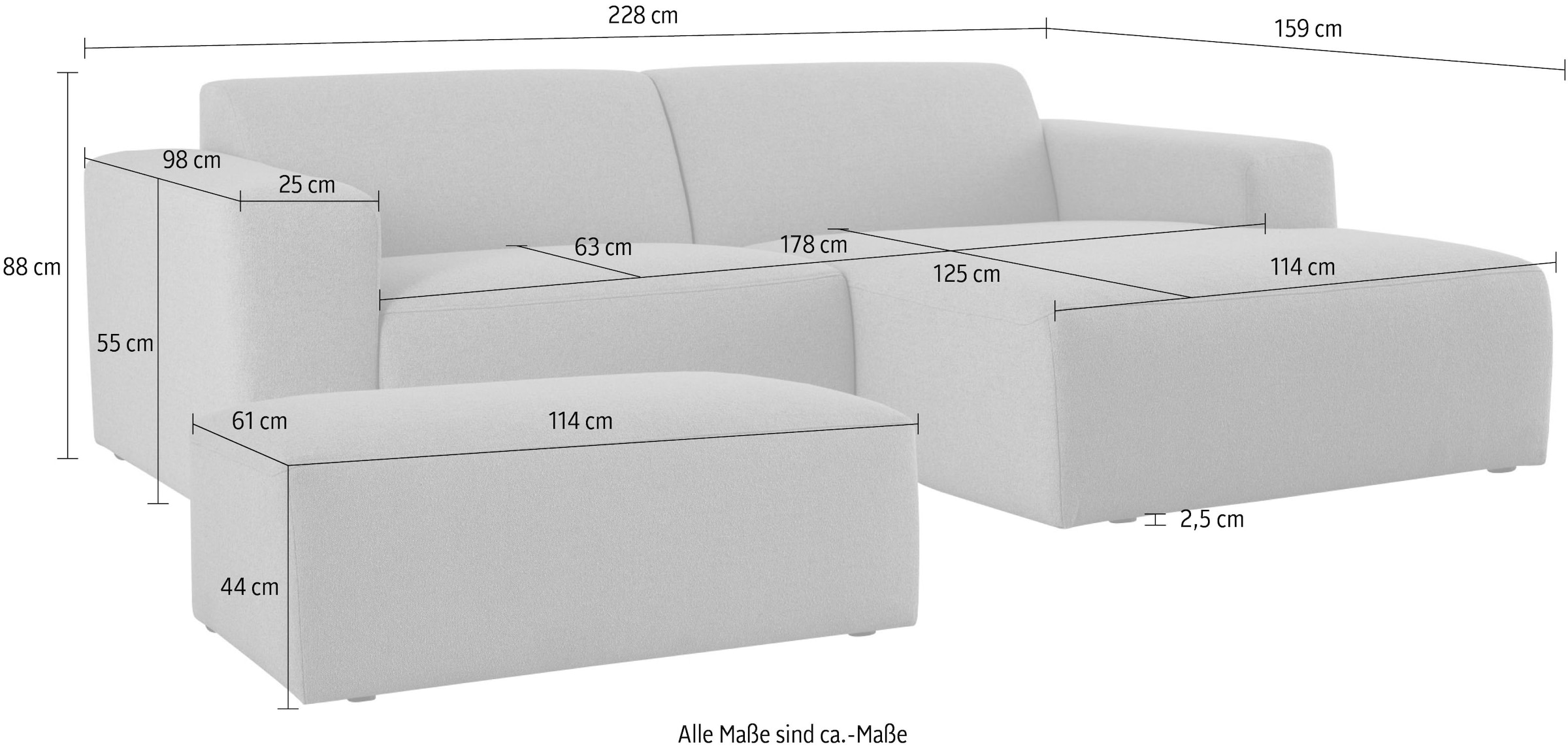 INOSIGN Ecksofa »Koa,228cm, L-Form, Modulsofa, Webstoff, Cord, Struktur, Chenille« Designsofa, Set, Hocker inklusive, weicher Lounge-Sitzkomfort