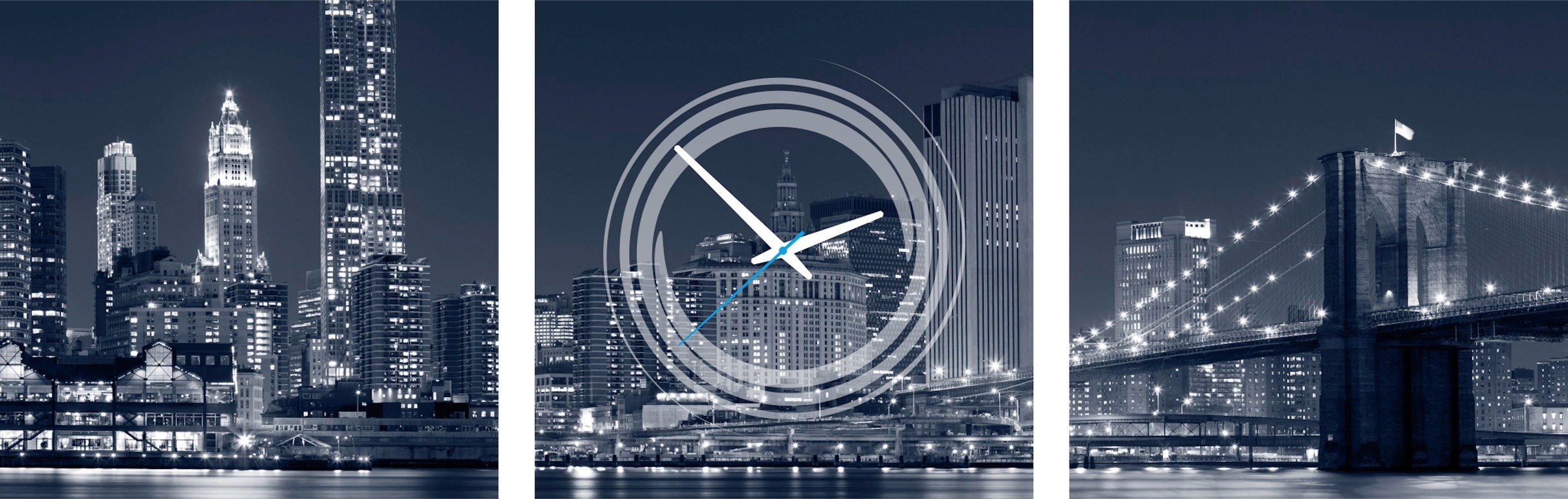 Image of Conni Oberkircher´s Bild »Manhattan by Night - Manhattan bei Nacht«, New York, (Set, (Set 3), mit dekorativer Uhr, Skyline, Hochhäuser, Stadt, Metropole, Nacht, Brooklyn Bridge bei Ackermann Versand Schweiz