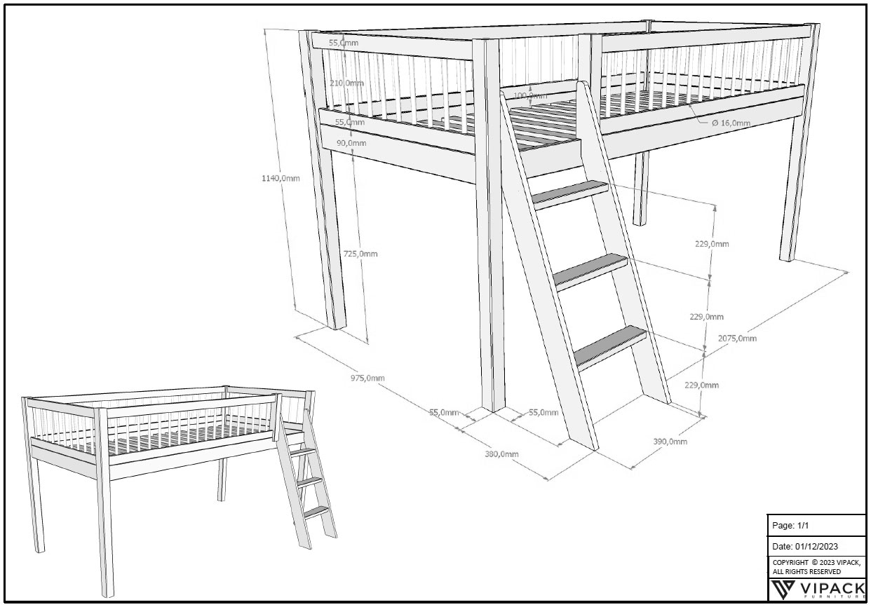 Vipack Spielbett Made in Europe,  aus Eiche geölt, LF 90x2000cm, RR, Leiter, Vorhang u. Absturzschutz