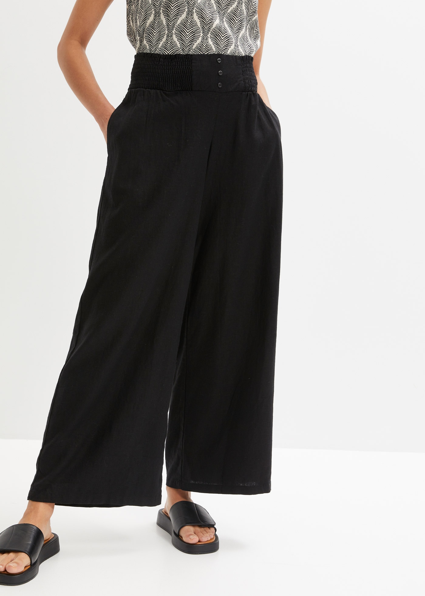 Image of bonprix Marlene-Hose Mix aus Leinen und Viskose, gesmokter Bund mit Knopfdetail, Loose Fit