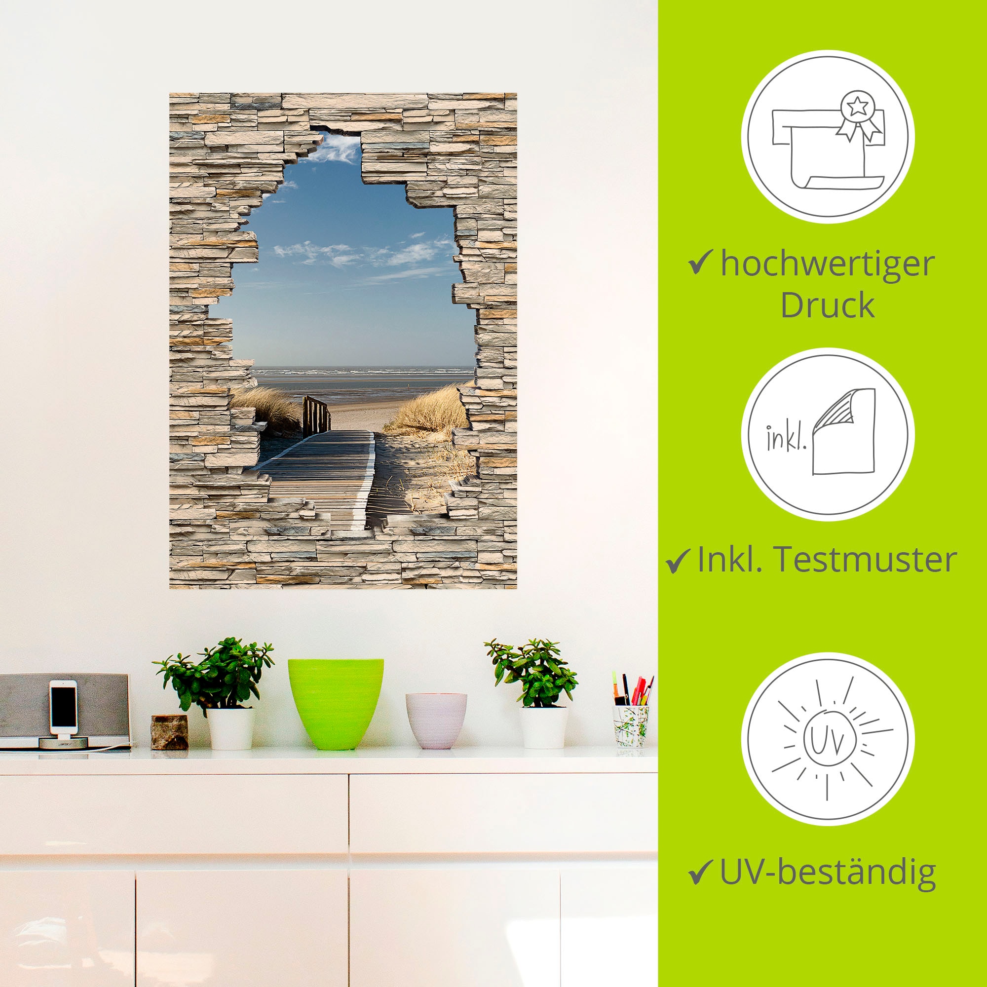 Artland Wandbild »Nordseestrand Langeoog Steg Stein Mauer«, Strandbilder, (1 St.), als Wandaufkleber in verschied. Grössen
