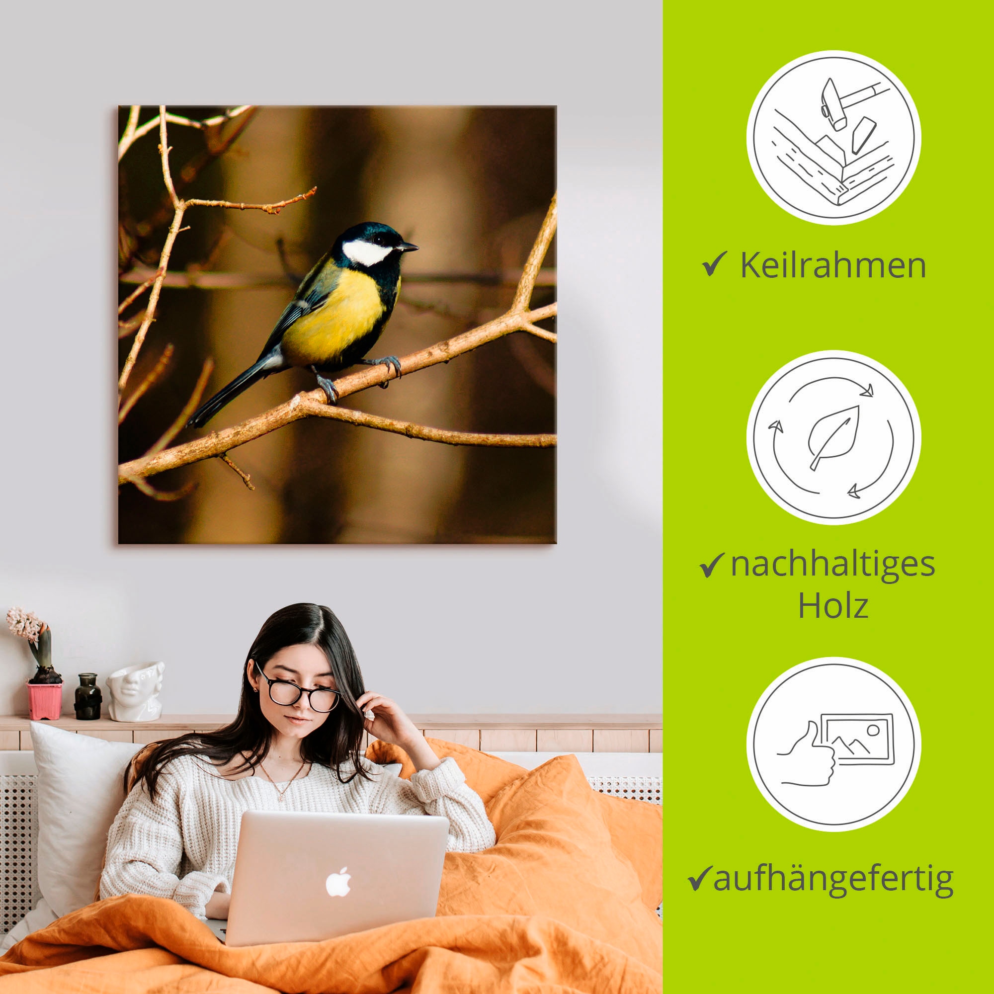 Artland Tableau sur toile »Kohlmeise im Wald« 1 cuis tlg. auf Holzrahmen gespannt