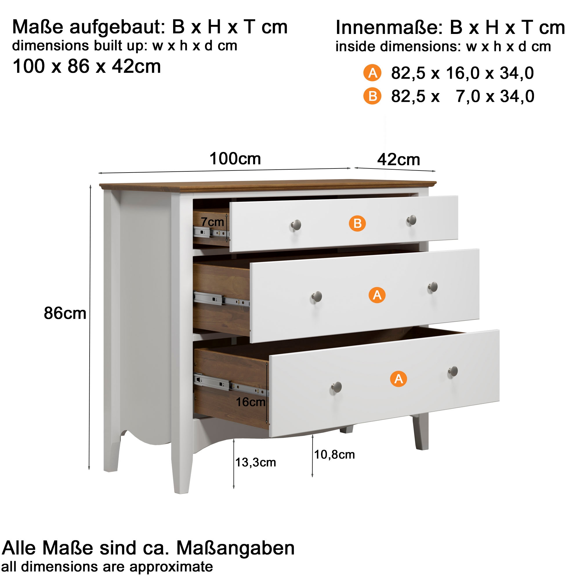 INTER-FURN Kommode »Lissabon«, Kiefer teilmassiv, 3 Schubkästen, Metallgriffe, B/H/T: 100/86/42 cm