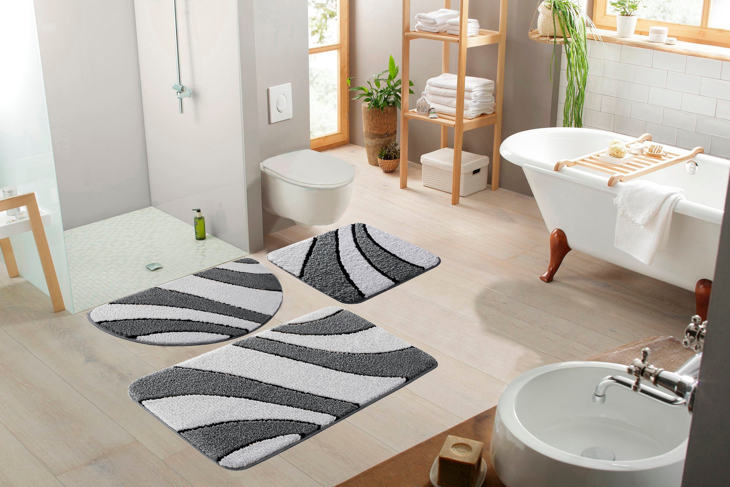 my home Badematte »Anna, Badvorleger, Badezimmer Teppich«, rutschhemmend beschichtet, fussbodenheizungsgeeignet-schnell trocknend, Badteppich, Hoch Tief Effekt, Modern, Weich, Wellen