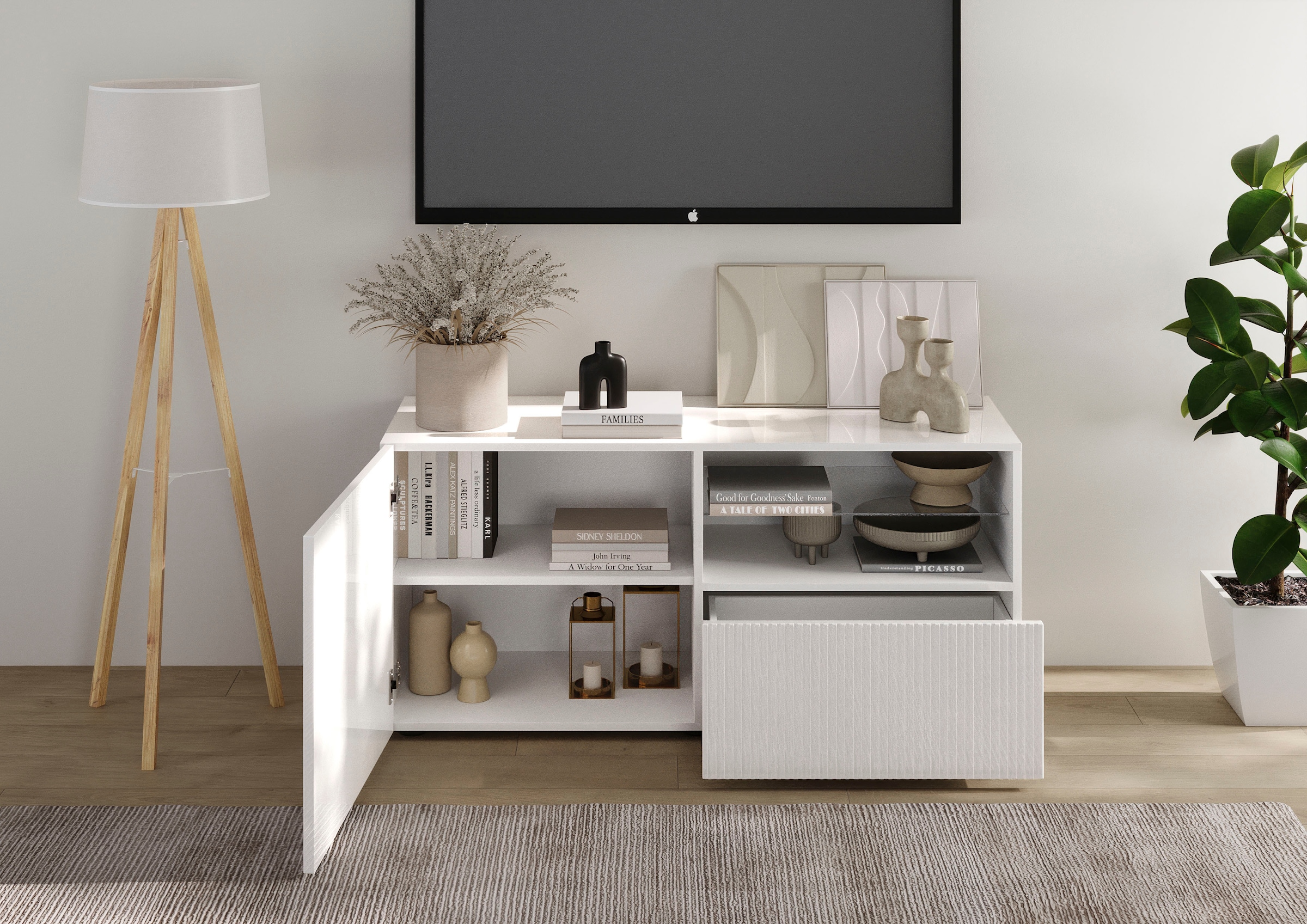 INOSIGN Lowboard »Rio Breite 120 cm, TV-Board 1 Tür u. 1 Schubkasten, TV-Schrank«, geriffelte MDF-Fronten, modern u. elegant, Kabelführung, platzsparend