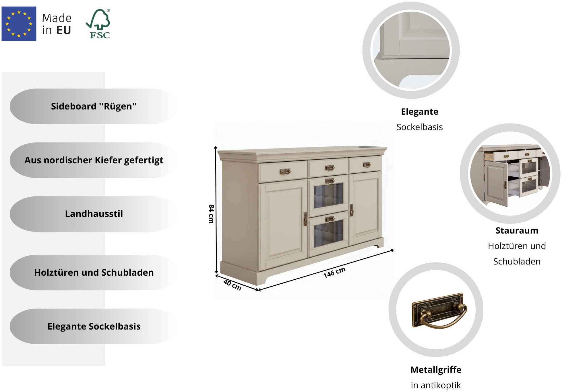 Home affaire Sideboard »Rügen« Kommode aus massiver Kiefer, FSC®, Breite 145 oder 180 cm