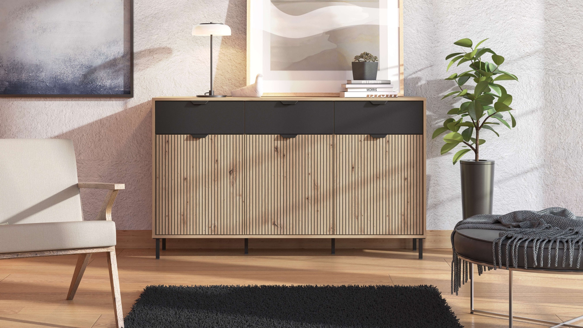 Home affaire Commode »Mayenne Sideboard, Schubladenschrank, Kommode, Anrichte, Breite 157cm« Wohnzimmermöbel, Schlafzimmermöbel, mit Drehtüren und drei Schubladen