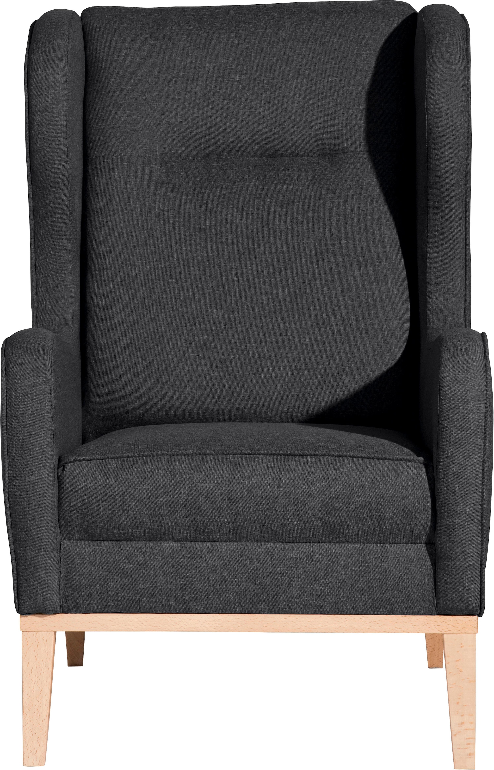 Max Winzer® Ohrensessel »Anthony eleganter Hochlehner, Designsessel, bequem und komfortabel«, mit umlaufendem Holzsockel & Kedernaht, Solitärmöbel mit hohem Holzfuss