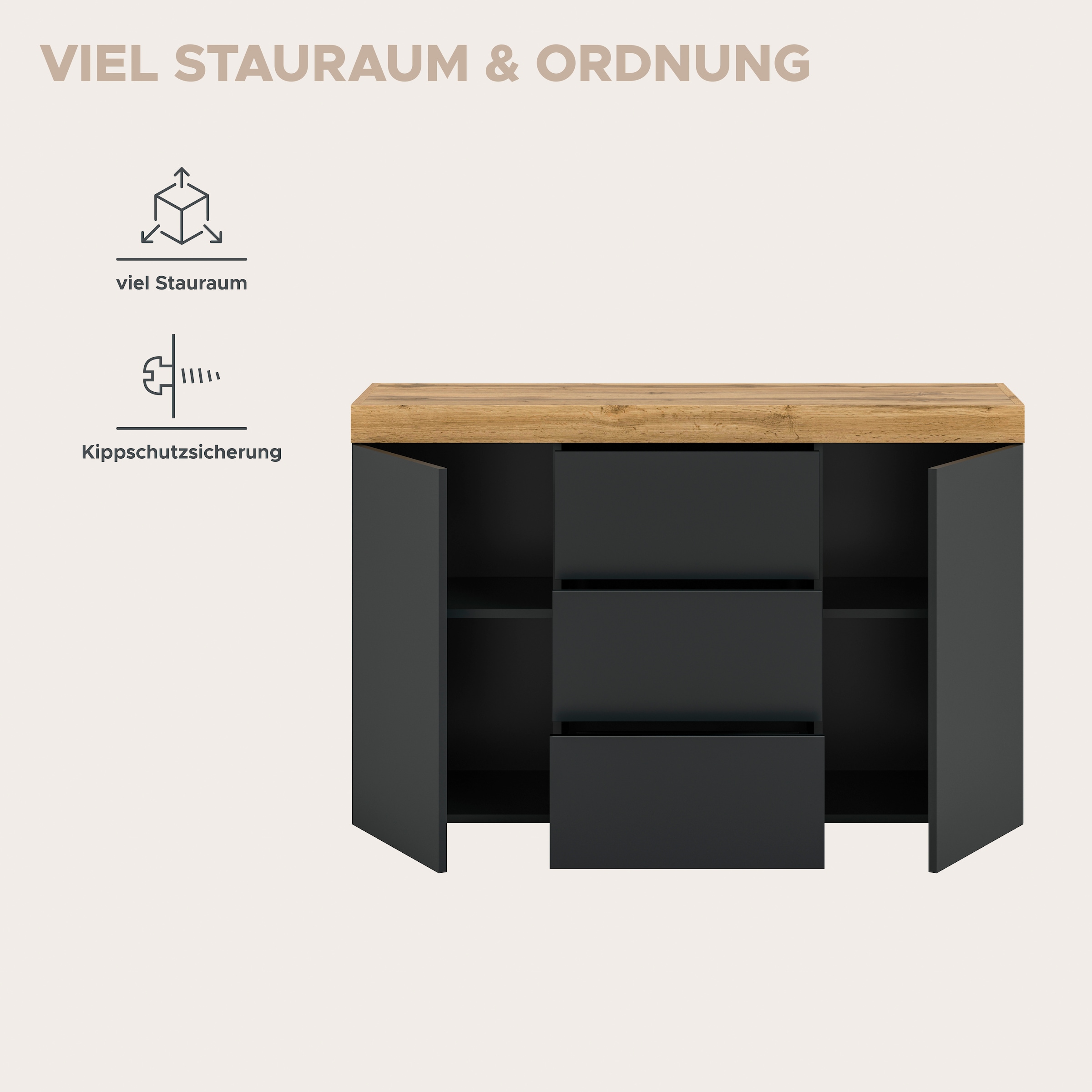 GOODproduct Sideboard »MAMBO, TOPSELLER!, Breite 125cm, 2 Türen, 3 Schubkästen, push-2-open« 2 farbige Ausführung, in verschiedenen Farben erhältlich, 1 cuis tlg. Sideboard, Kommode, Wohnzimmer, Flur, Arbeitszimmer