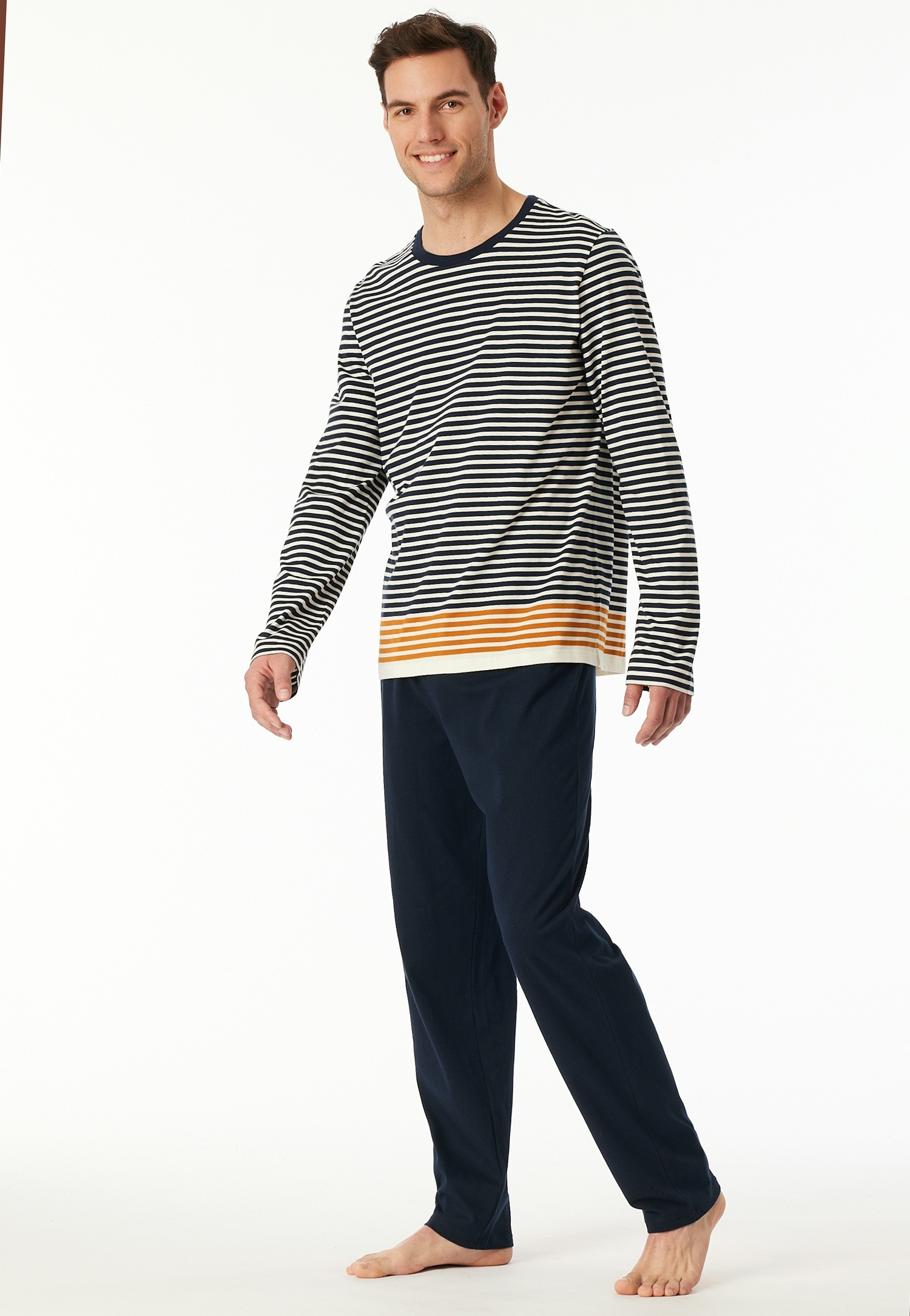 Image of Schiesser Schlafanzug "Casual Nightwear" 2 tlg. Rundhalsausschnitt, langärmelig, gestreift, Baumwolle, Single Jersey