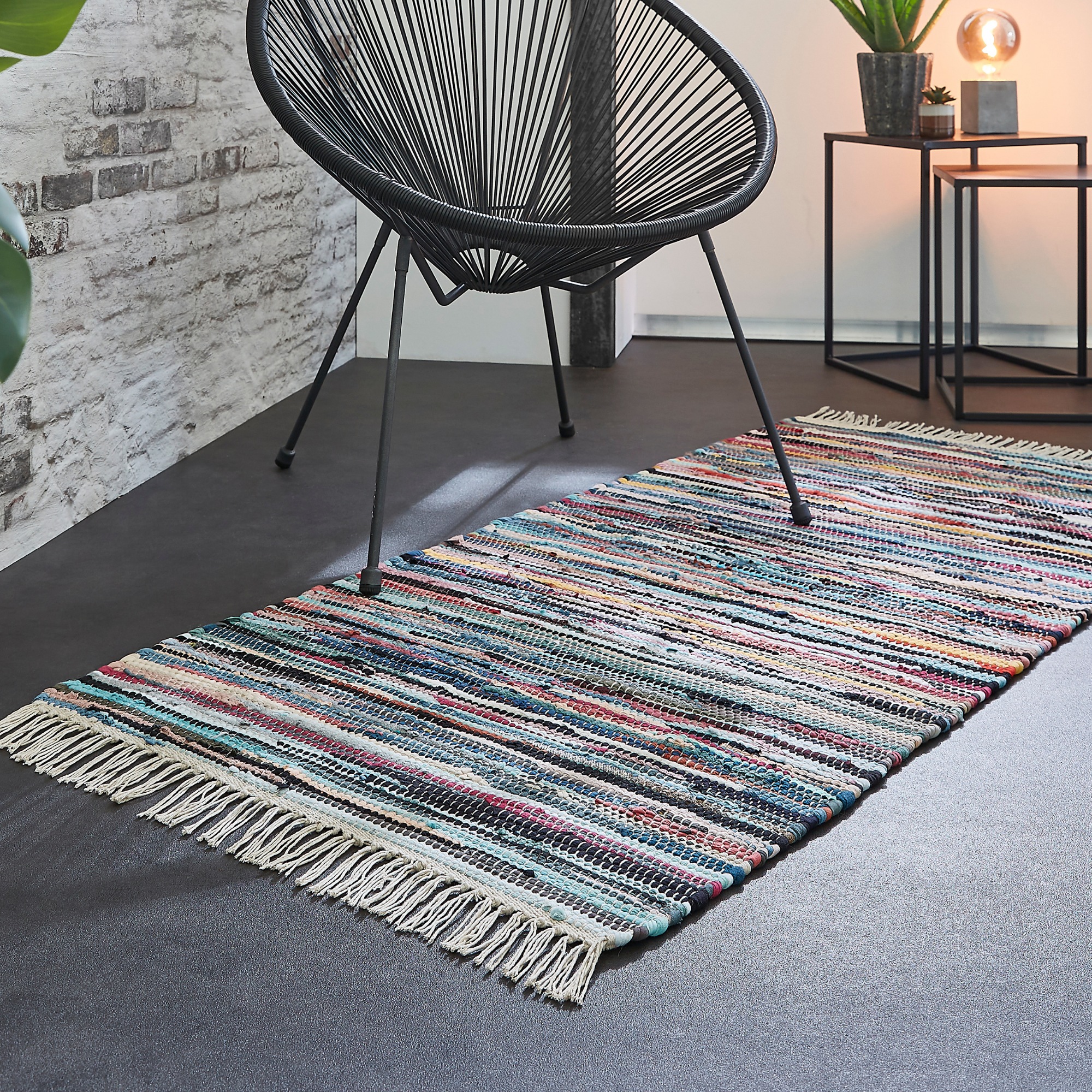 Image of Andiamo Teppich "Multi" rechteckig 10 mm Höhe Flachgewebe, Fleckerl, reine Baumwolle, handgewebt, mit Fransen