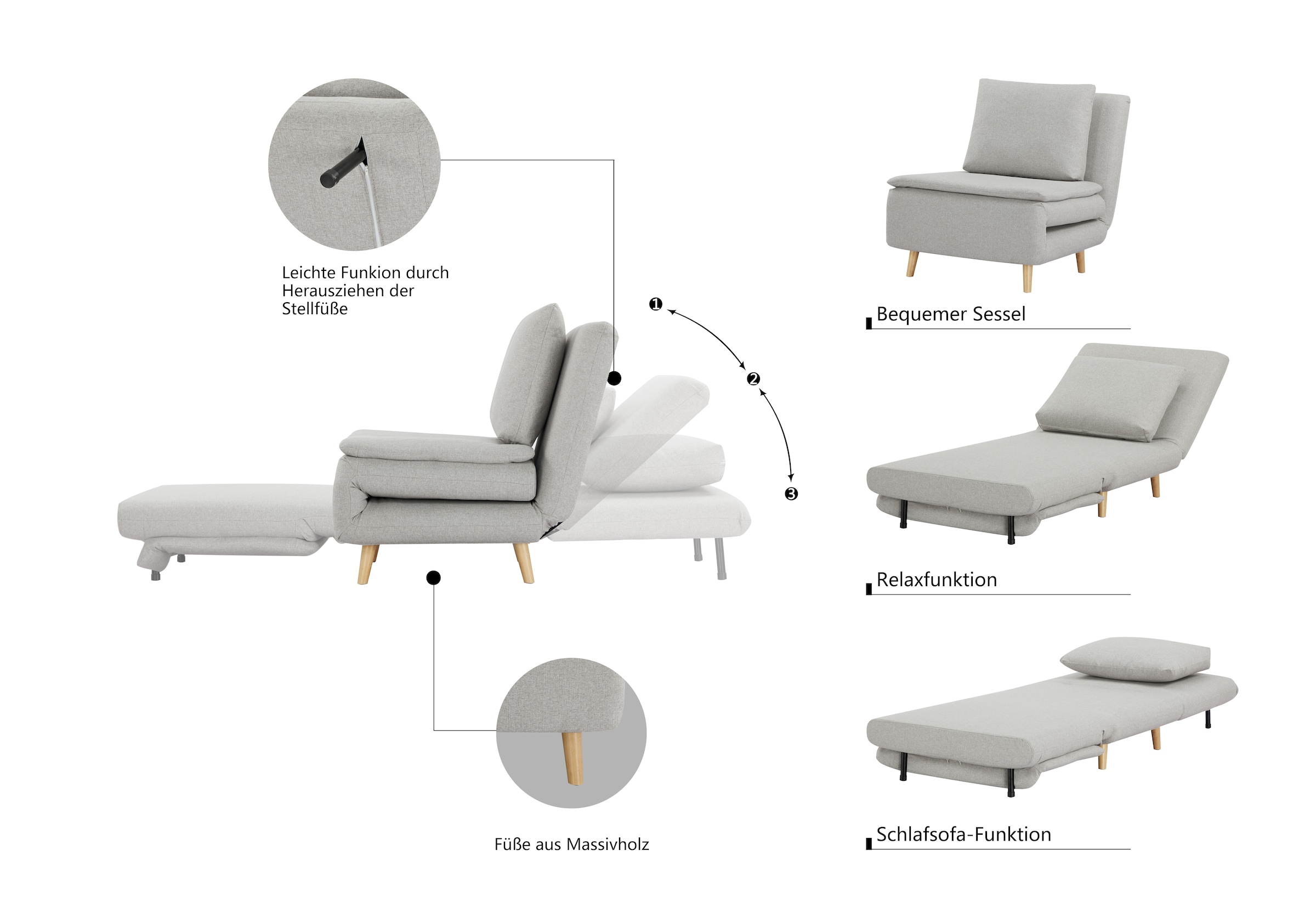 INOSIGN Sessel »AINSLEY«, wandelbar zum Gästebett, Schlafsofa, Webstoff u. Cord-Bezug