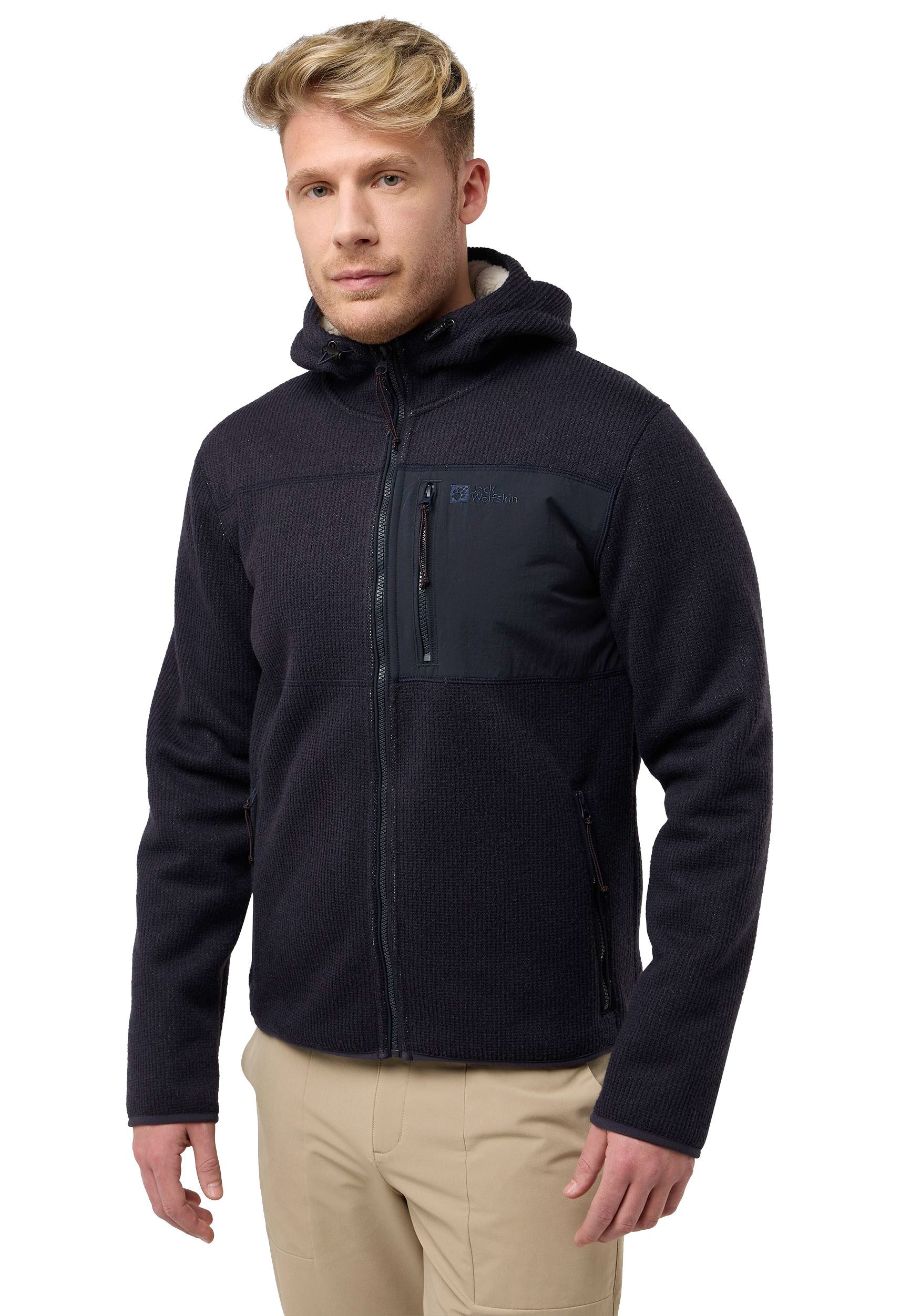 Image of Jack Wolfskin Strickfleecejacke "KAMINFEUER" mit Kapuze für Wandern und Trekking, mit gefütterter Kapuze, atmungsaktiv