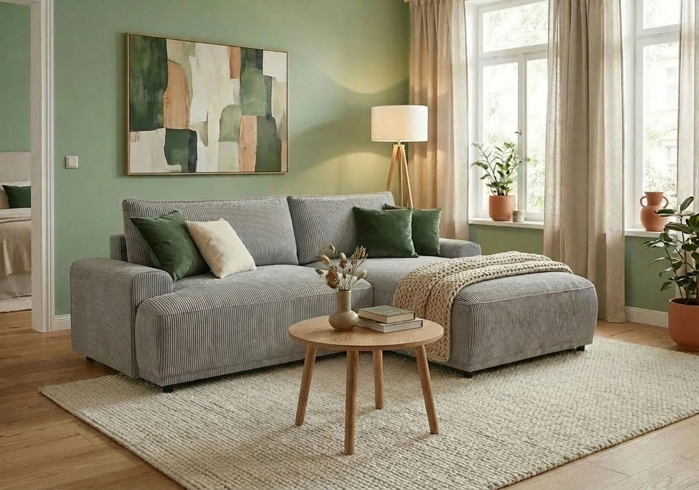 Image of TRENDMANUFAKTUR Ecksofa "Fordon, Schlafsofa mit Bettkasten, Couch in L-Form, Breite 250 cm" in Cordstoff HYPER, betongrau, Recamiere rechts