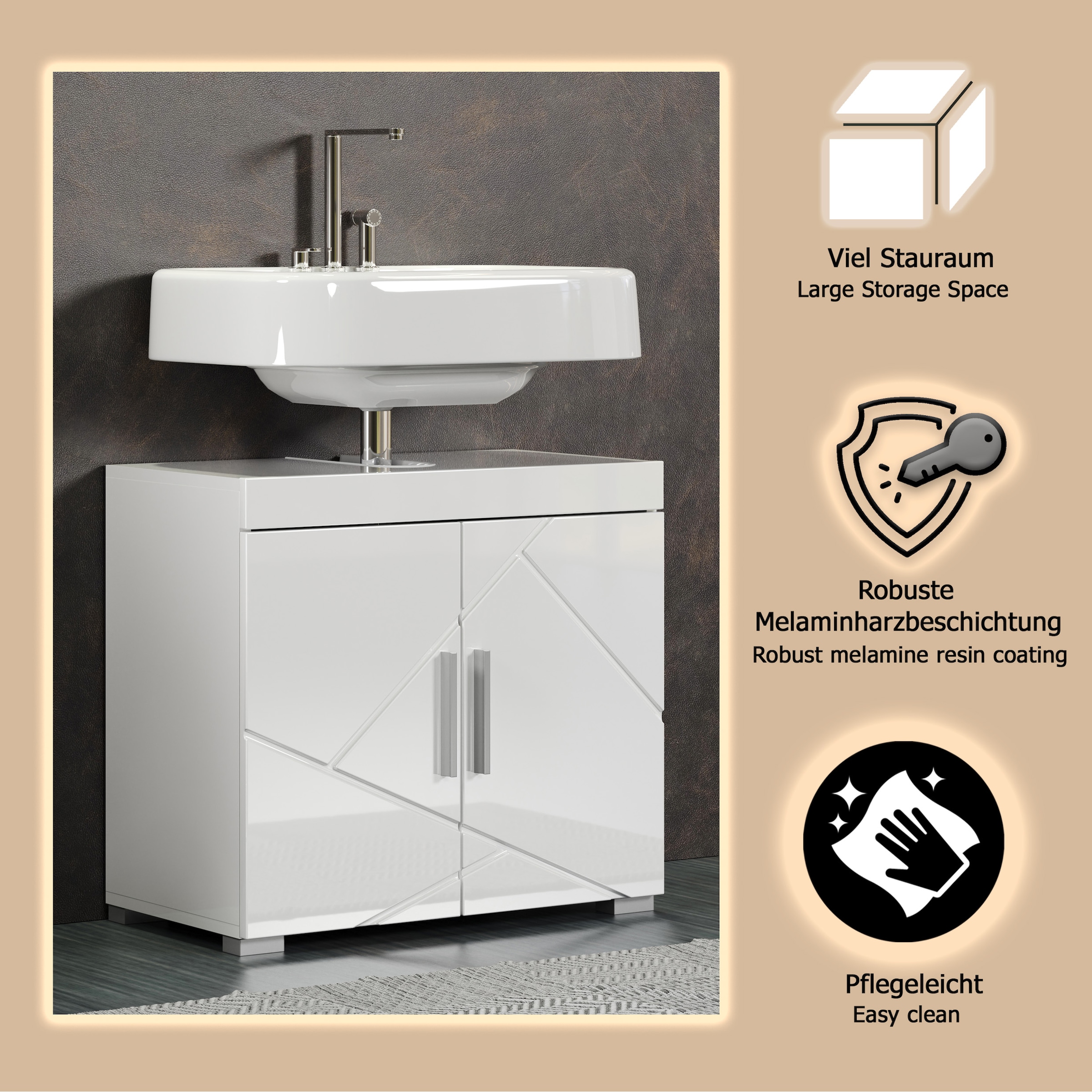 welltime Waschbeckenunterschrank »Avena« 1 Stk. tlg. Waschbeckenunterschrank mit Türen & Einlegeboden – (B/T/H) 60/34/56 cm