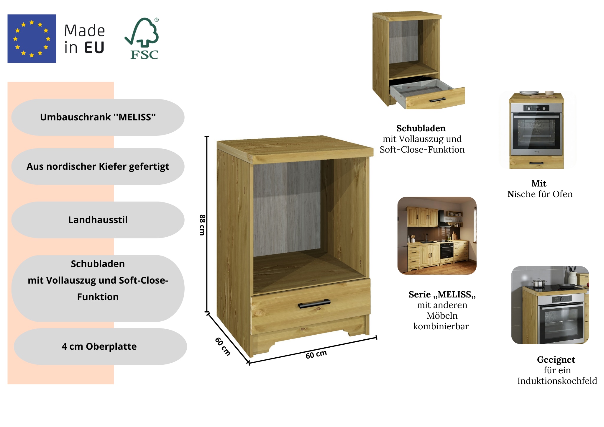 Home affaire Armoire encastrée pour cuisinière »Meliss« aus massiver Kiefer, Breite 60 cm, Soft-Close-Funktion