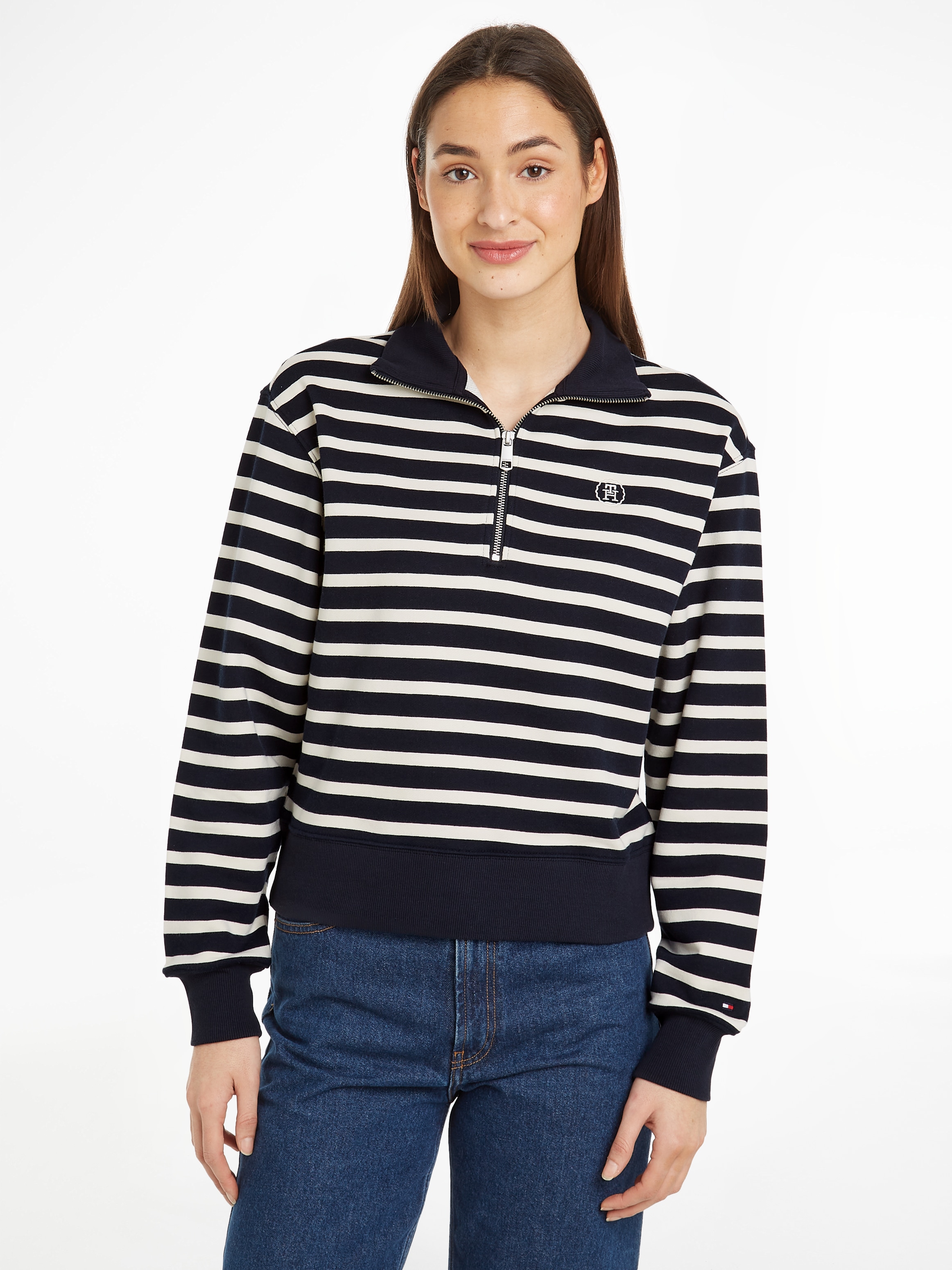 Sweater »SMD BRETON STRIPE 1/2 ZIP HWK«, Polokragen mit Reissverschlusss, gestreift,...