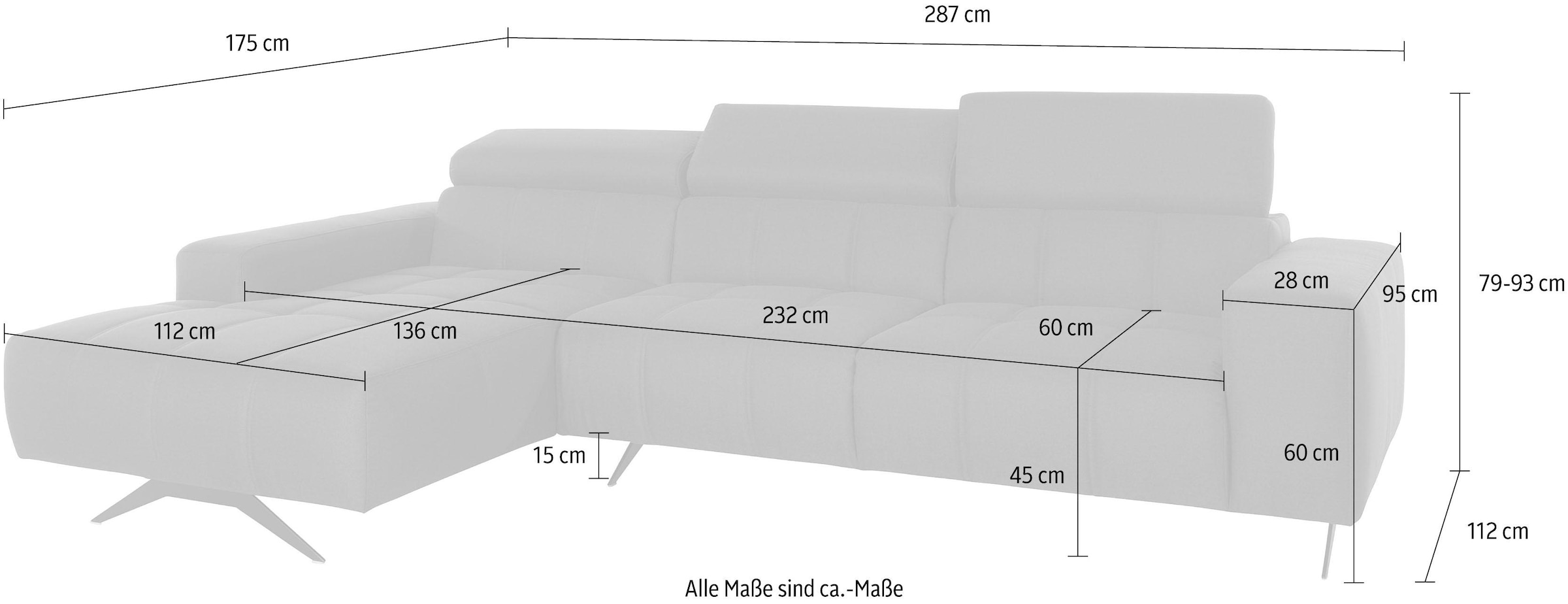 DOMO collection Ecksofa »Trento L-Form, mit Kufenfuss oder Einzelfuss«, wahlweise mit Kopfteilverstellung, Recamiere links/rechts bestellbar