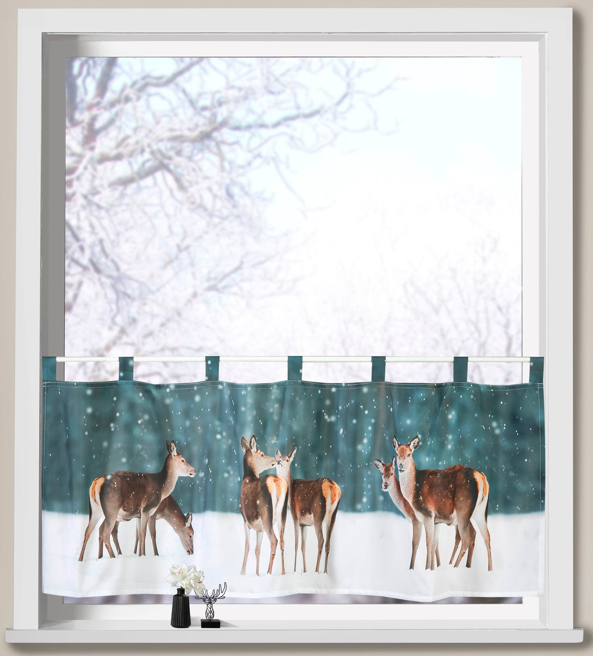 Image of Weckbrodt Scheibengardine "Hirsche im Schnee" Schlaufen 1 Stk. tlg. Bistro, Microsatin, Winter, blickdicht, HxB 45x120 cm, Gardine, Store