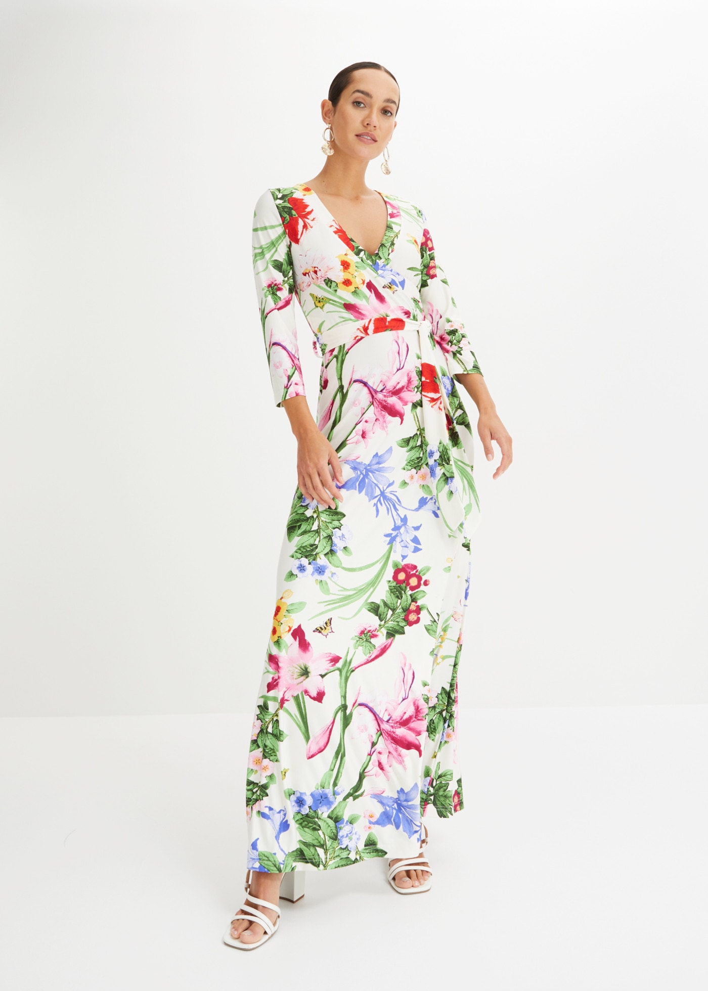 Image of bonprix Maxikleid mit 3/4-Ärmeln, taillierte Passform, aus Polyester und Elasthan