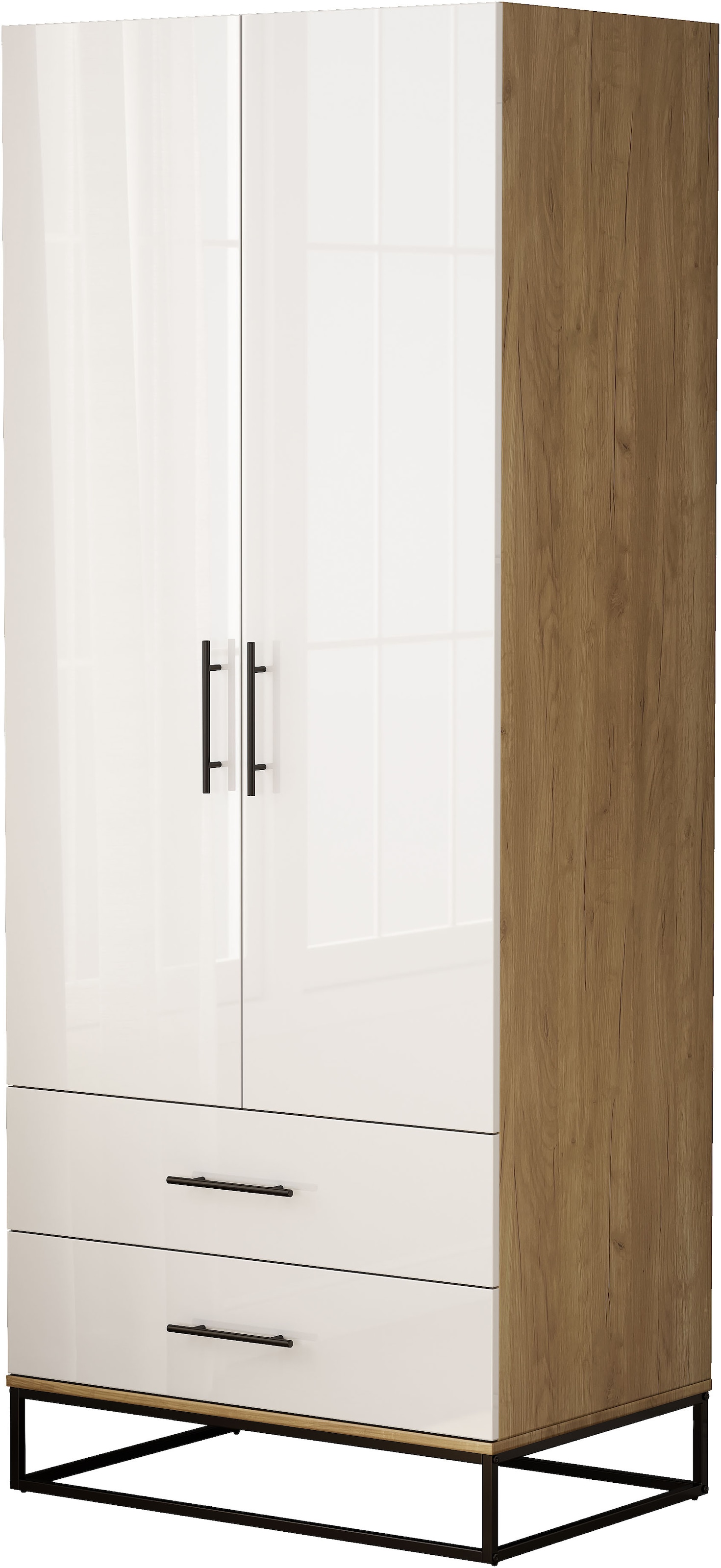 GOODproduct Kleiderschrank »Lucca Schlafzimmerschrank Garderobe hochglanz Bestseller« Hochwertige schwarze Griffe und Kufengestell,  Schlafzimmerschrank mit 2 Türen und 2 Schubladen, Breite 80cm