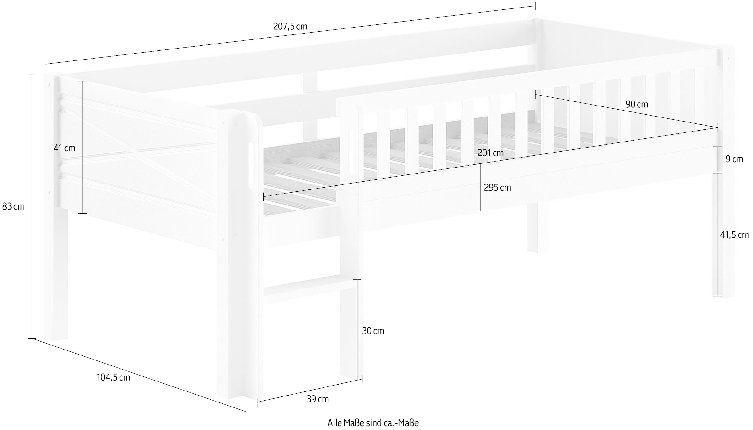 Vipack Spielbett »Scott mit niedriger Einstiegshöhe, inkl. Leiter und Rolllattenrost« in Kiefer massiv, weiss 90x200 cm, wahlweise ohne und mit Rollboxen