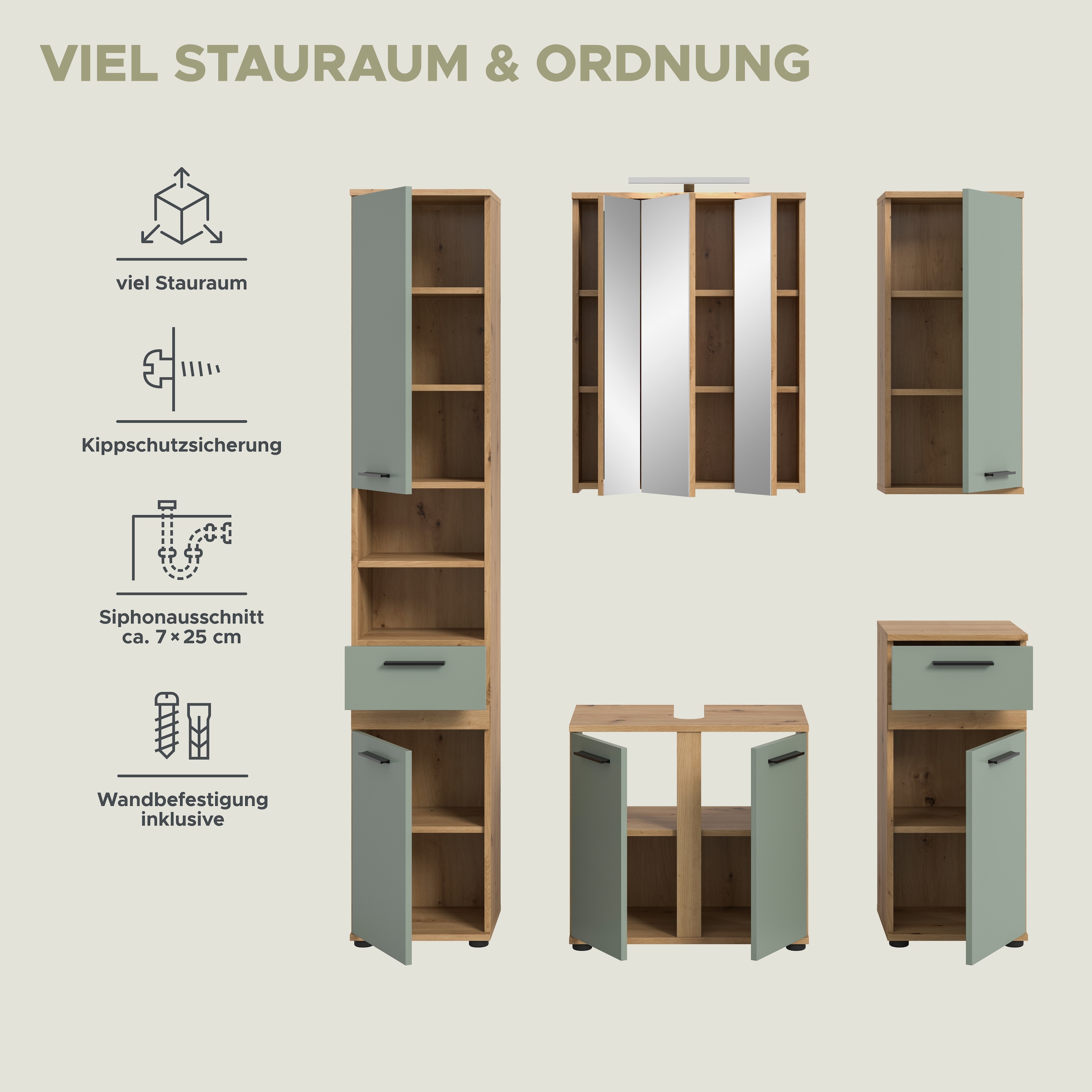 welltime Badmöbel-Set »LUCCA, 5-teilig, inklusive LED Beleuchtung, bestehend aus:« Set, 5 Stk. tlg.
