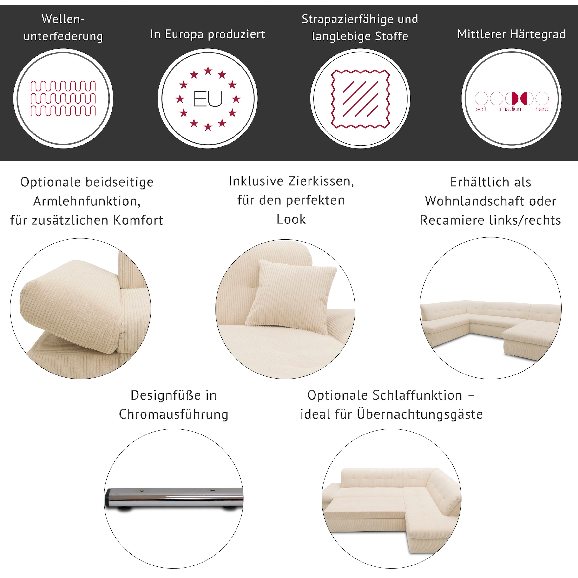 DOMO collection Wohnlandschaft »Moric U-Form, auch in Cord, Breite 353cm, viel Platz« im XXL-Format, wahlweise mit Bettfunktion und Armlehnenverstellung,