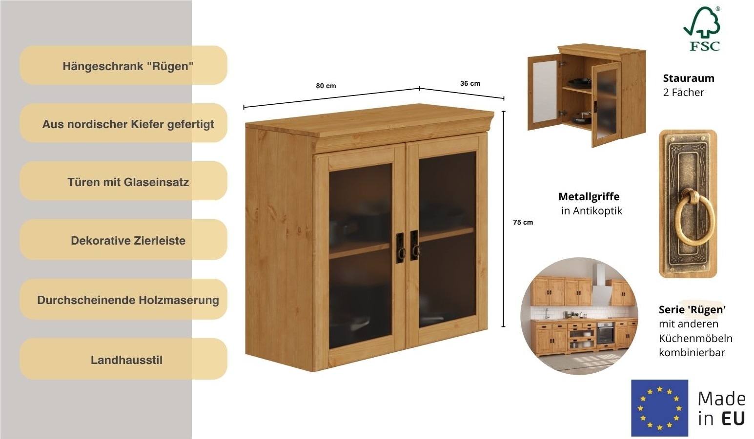 GOODproduct Armoire suspendue »Rügen« Breite 80 cm, FSC® zertifiziertes Massivholz, Türen mit Glaseinsatz