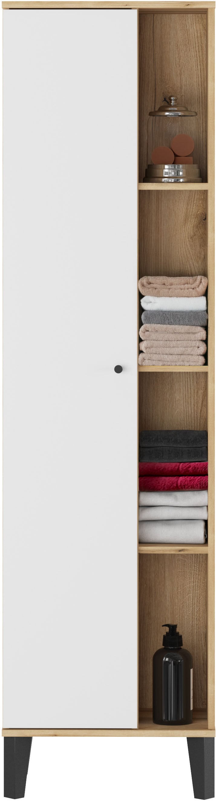 INOSIGN Armoire de rangement »Oslo, Badschrank mit Knopfgriff, Hochschrank im skandinavischen Design« in der Türfarbe Weiss oder Grau verfügbar, ausreichend Stauraum