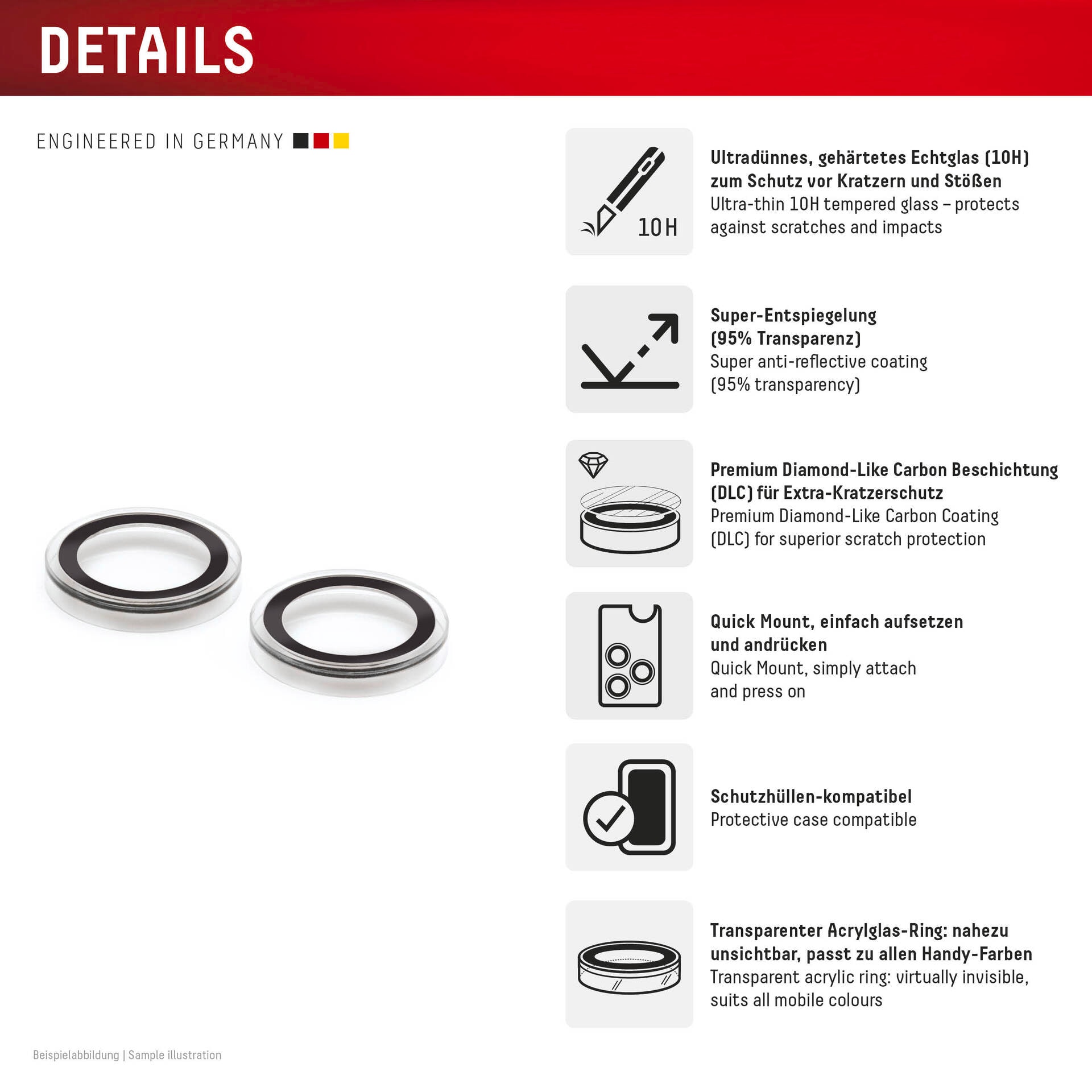 Displex Kameraschutzglas »Camera Lens Glass Single Glass Ring Protector« für Apple iPhone 15;Apple iPhone 15 Plus Packung, 2x Einzellinsen-Schutzringe,  Objektivschutz, Kameraschutz, kratz- & stossfest