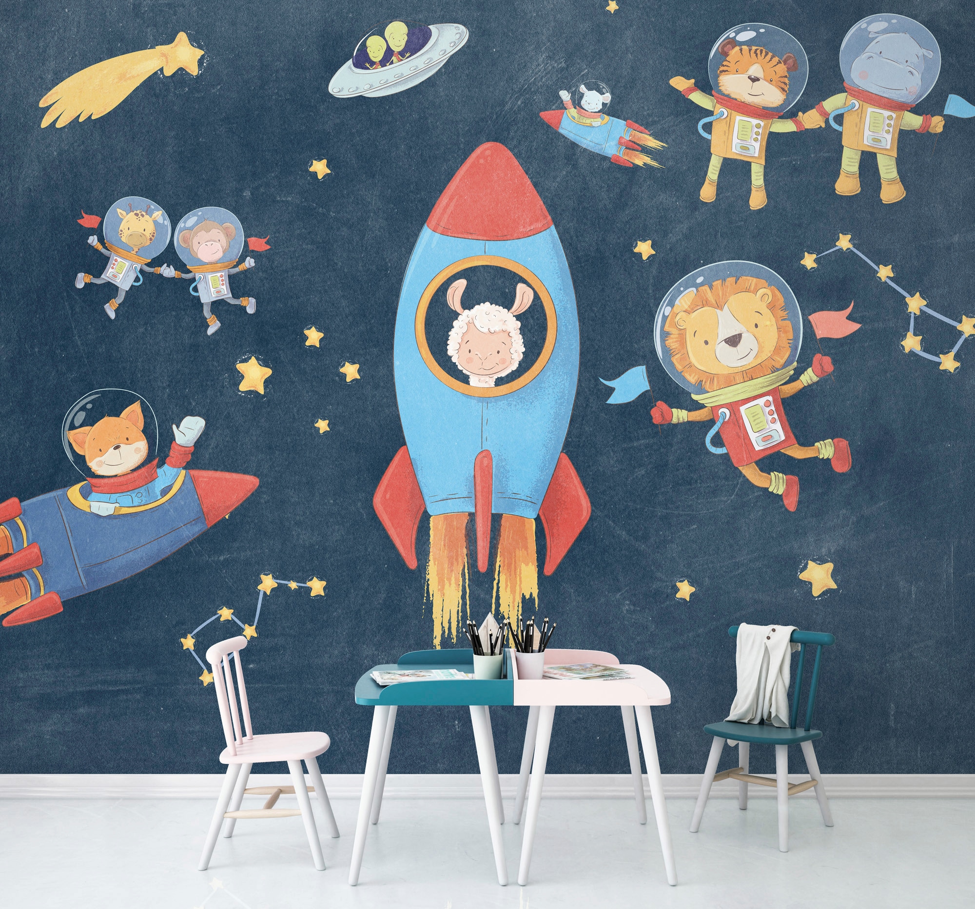 Komar Vliestapete »Digitaldruck Vlies - Friends in Space - Grösse 350 x 280 cm«, bedruckt, Kinderzimmer