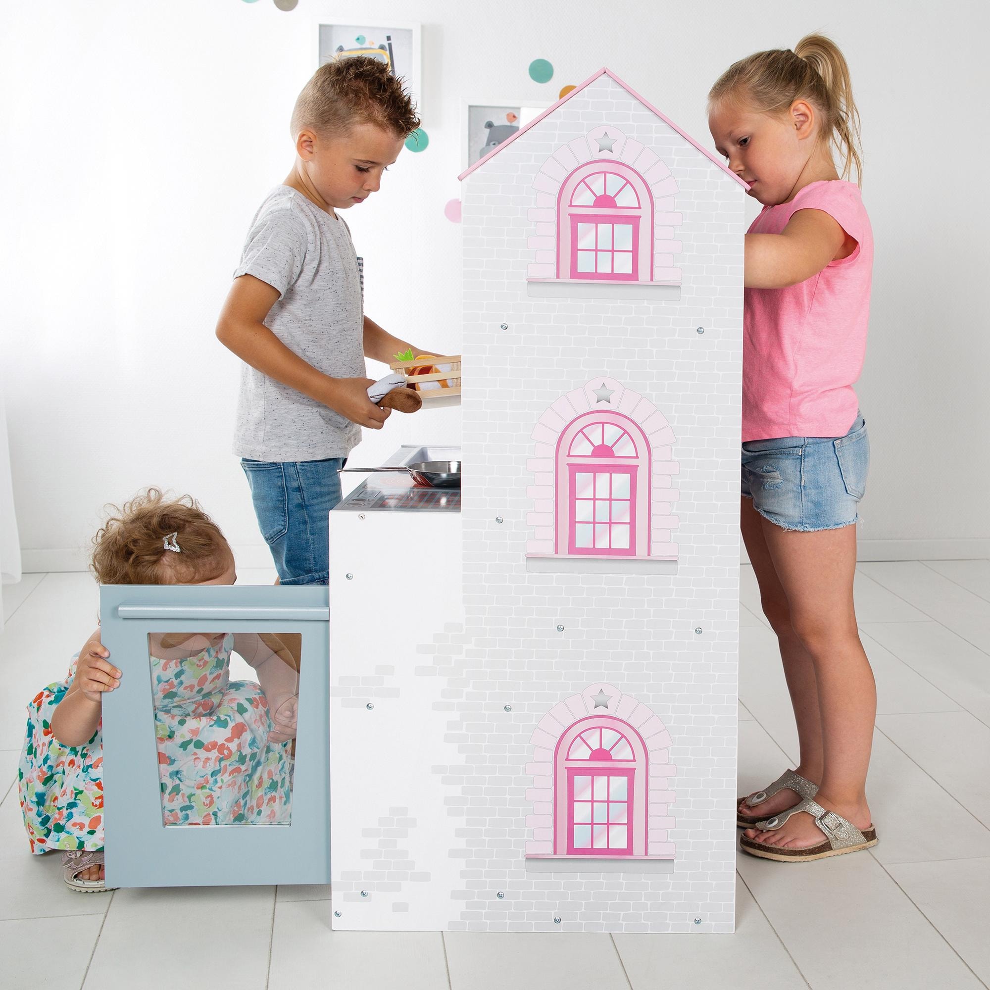 roba® Spielküche »2-in-1, rosa«, mit mehrstöckigem Puppenhaus