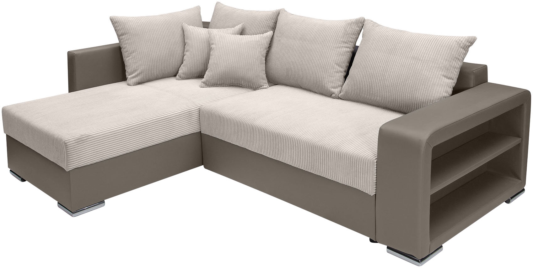 COLLECTION AB Ecksofa »John L-Form, B: 226 cm« Bettfunktion, Bettkasten, Regalelement, Licht & 2 Zierkissen