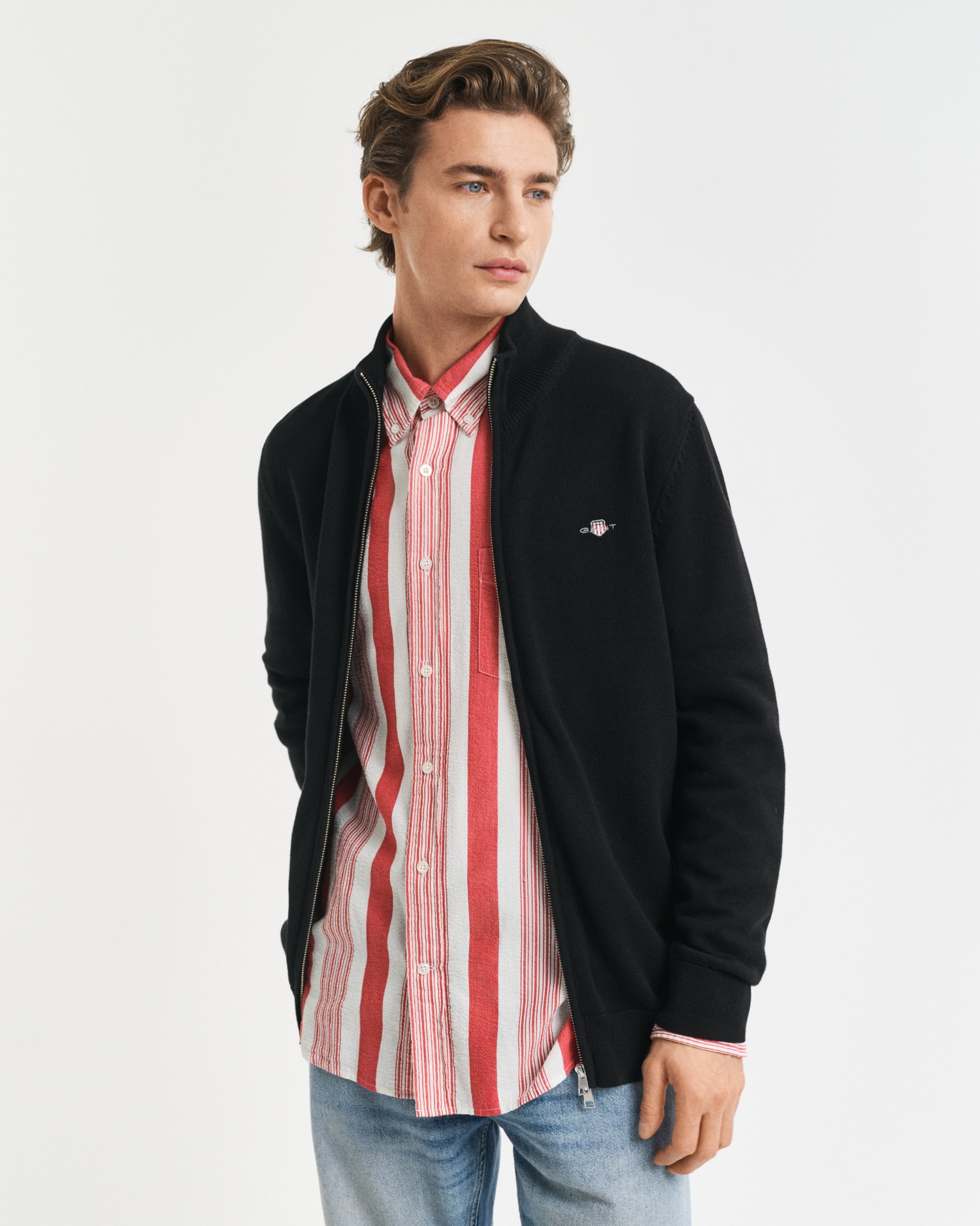 Gant Cardigan »CASUAL COTTON ZIP CARDIGAN« Mit Rippbündchen an Stehkragen, Ärmeln und Saum