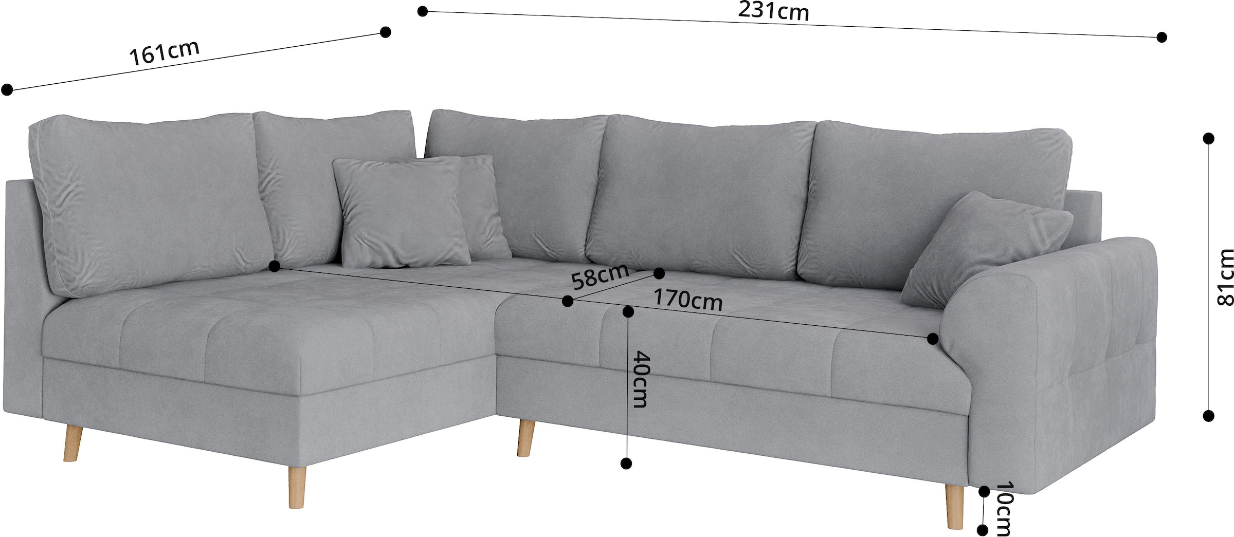 Home affaire Canapé d'angle »CHARRE L-Form mit Ottomane, Masse B/T/H: 231/161/81 cm« feine Steppung, lose Rücken- und Zierkissen, auch in Cord und Bouclé