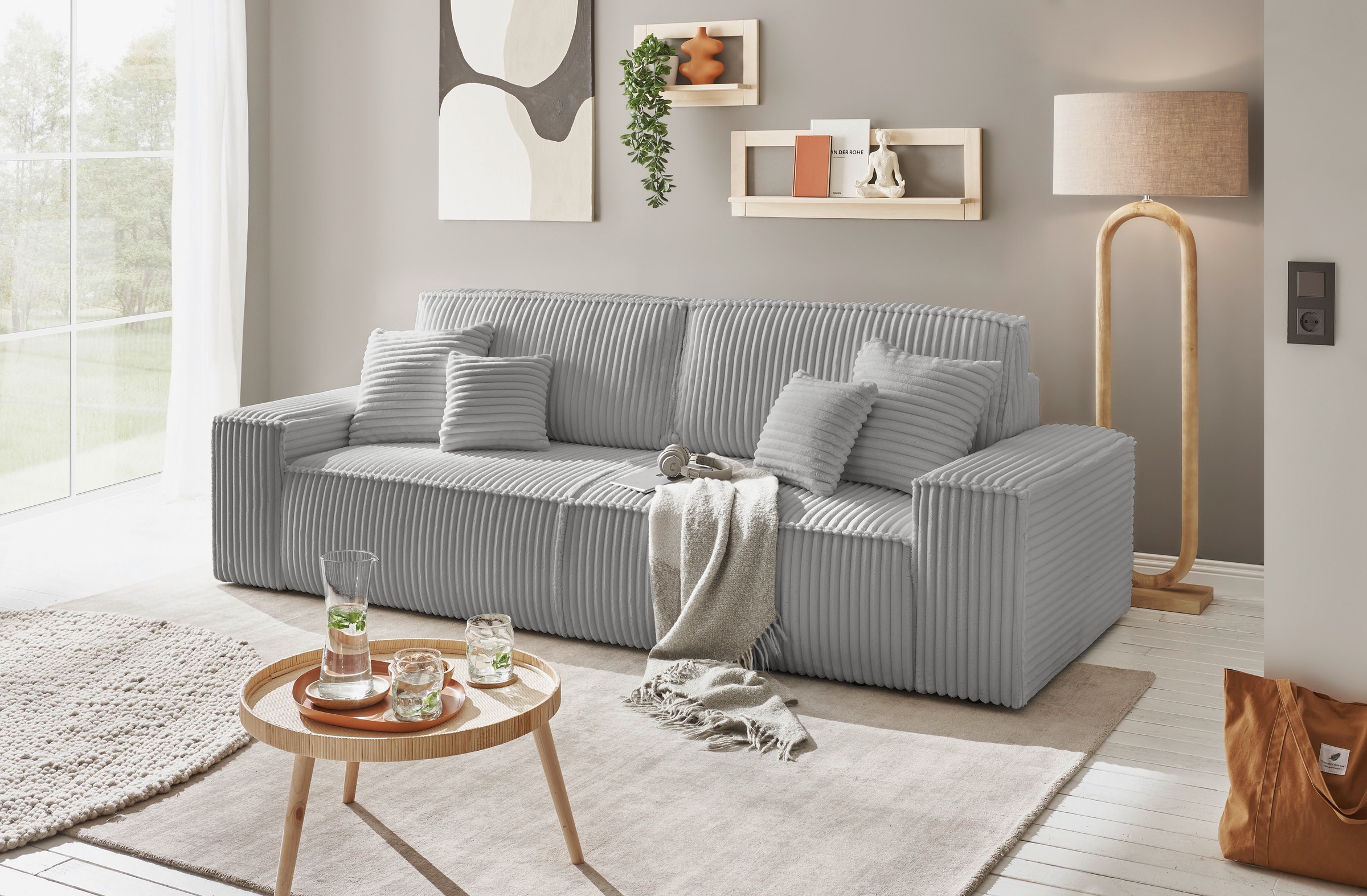 andas 3-Sitzer »FINNLEY Schlafsofa 257 cm, Schlaffunktion mit Bettkasten (200/136cm)«, in Aqua Clean-Bouclé, Struktur fein u. Cord