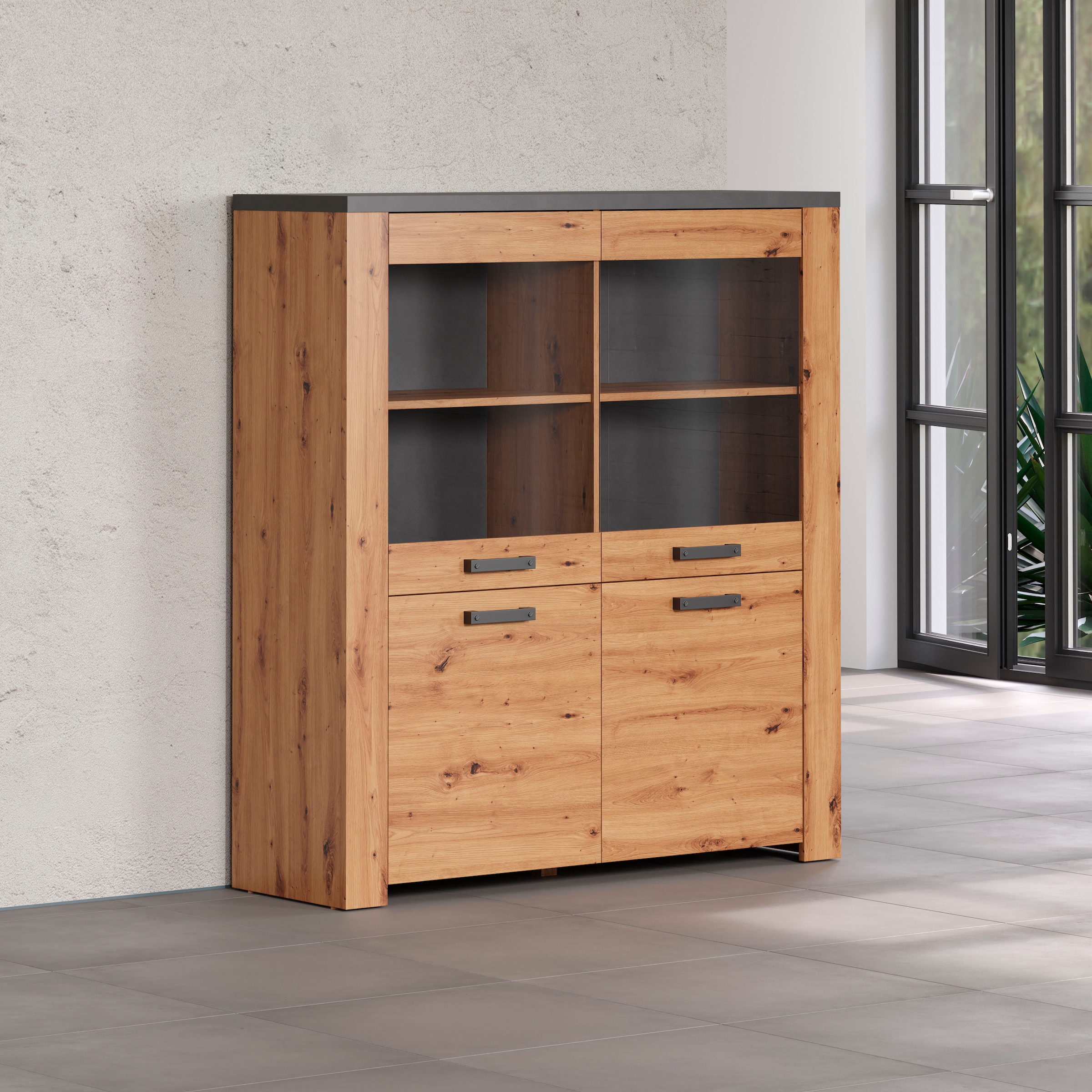 Home affaire Highboard »Ambres«, (1 St.), Vitrine, Echtholzoptik, ca. Masse BxH: 127x139 cm