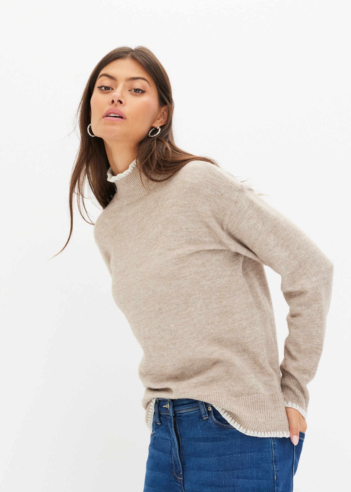 Image of bonprix Strickpullover mit Stehkragen, kontrastfarbige Häkelkanten, bequem, meliert