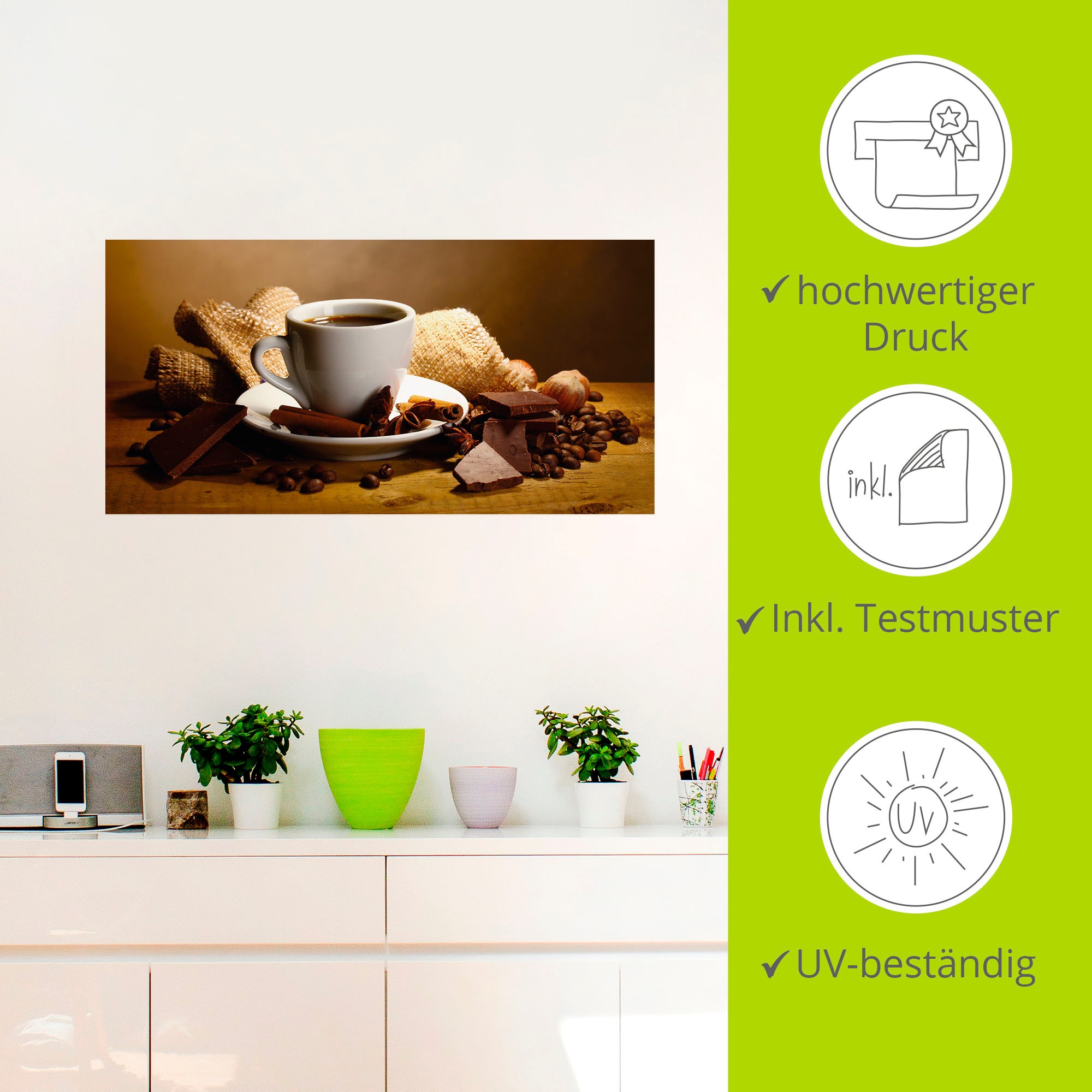 Artland Wandbild »Kaffeetasse Zimtstange Nüsse Schokolade«, Getränke, (1 St.), als Leinwandbild, Poster, Wandaufkleber in verschied. Grössen