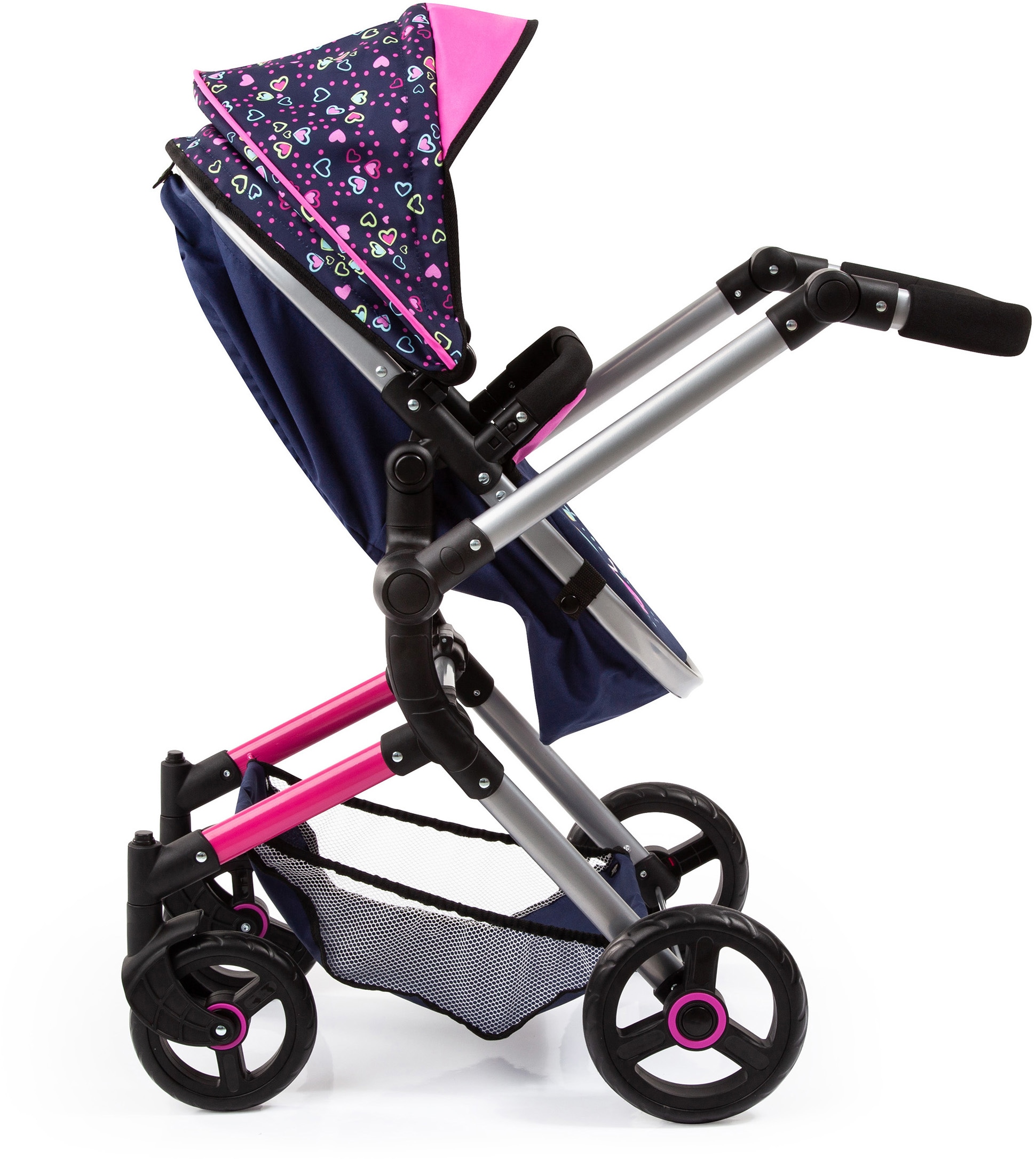 Bayer Kombi-Puppenwagen »Vario, Blau/Pink/Herzchen«, inkl. Wickeltasche