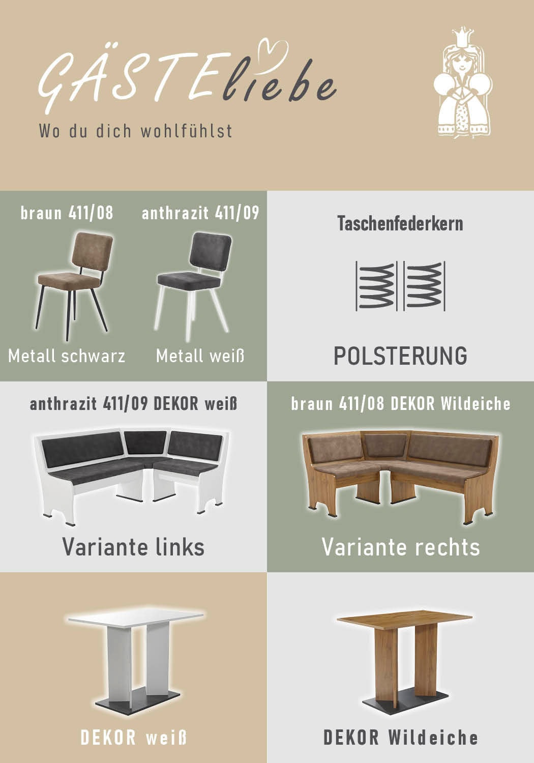 GOODproduct Ensemble de bancs d'angle »Theo (Set, 4-tlg. Tisch, Bank und 2 Stühle) 2 Farben wählbar« Bank links/rechts montierbar, mit Stauraum, Stühle im 2er Set