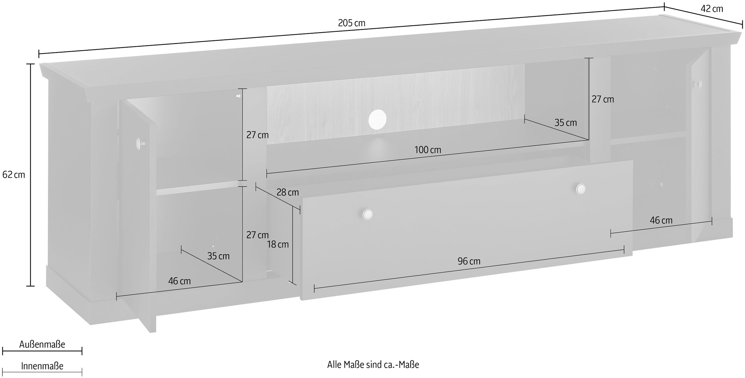 Home affaire Lowboard »Lincoln, moderner TV-Schrank, schwarze Kommode, TV-Unterschrank« edles Design, messingfarbene Knopfgriffe, in 2 Grössen verfügbar